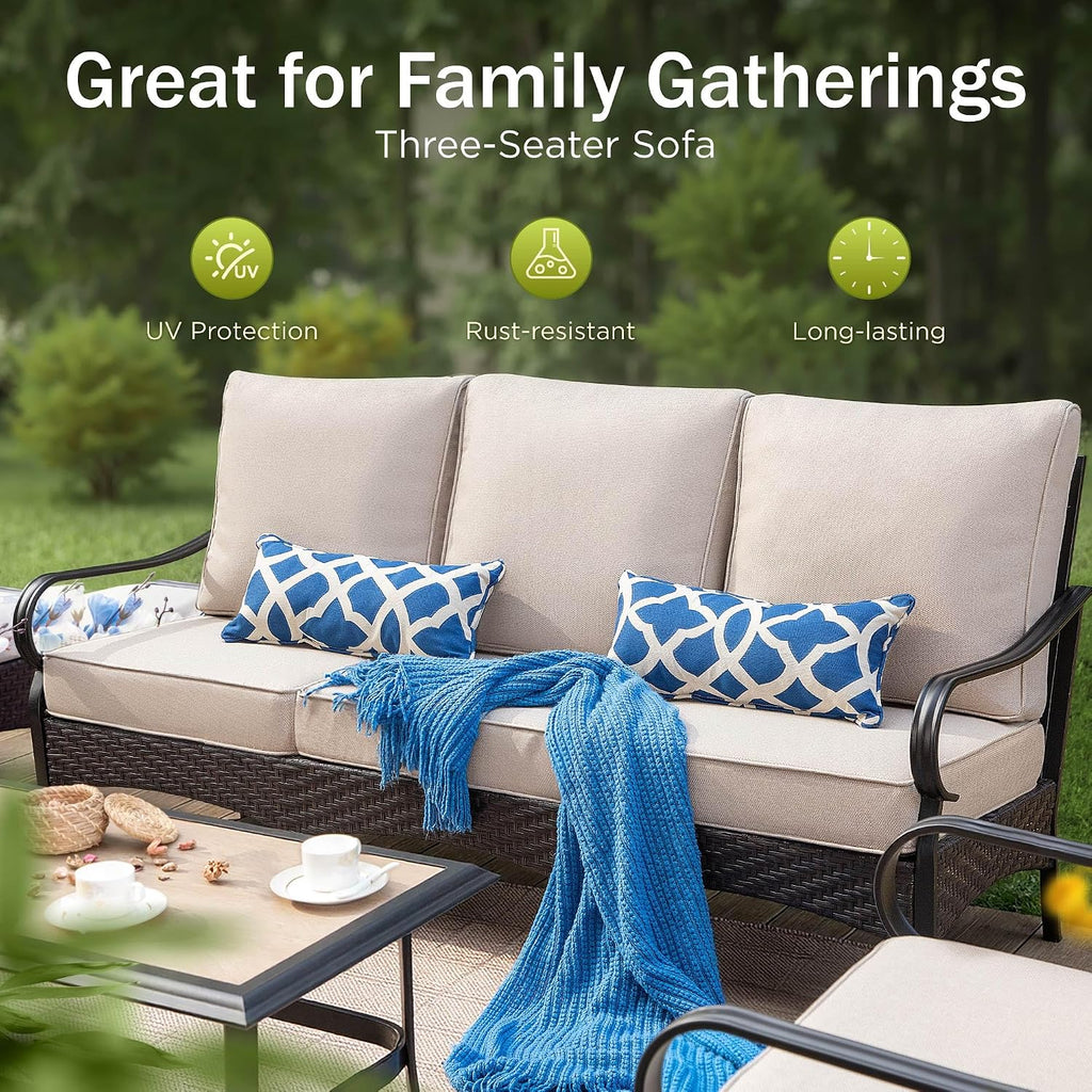 PHI VILLA Outdoor Modern Patio Furniture Set, Upgraded Wicker & Metal Patio Furniture Conversation Set with Waterproof Thick Cushions for Porch, Poolside, Yard (4 Pieces,Beige)