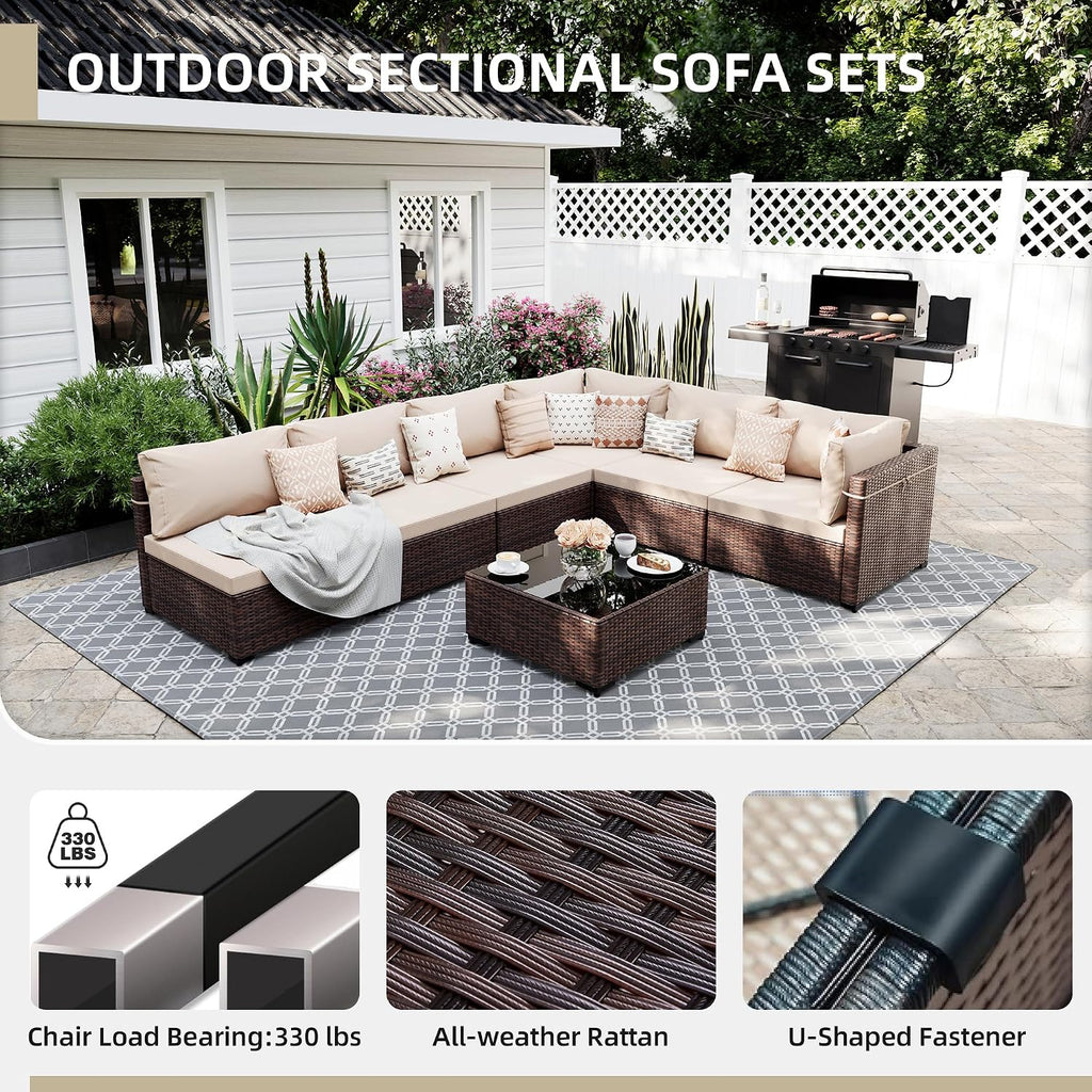 UPHA 7 Pieces Patio Furniture Sets, Wicker Outdoor Sectional Sofa Couch with Coffee Table, Patio Conversation Set for Deck Backyard Garden, Brown Rattan, Beige Cushion