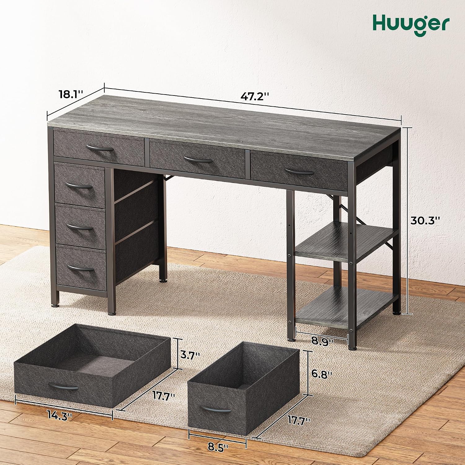 Huuger Computer Desk with 6 Drawers, Office Desk with Shelves, Reversible Gaming Desk, Corner Desk with Storage, Work for Home Office, Study, Living Room, 47inch, Grey