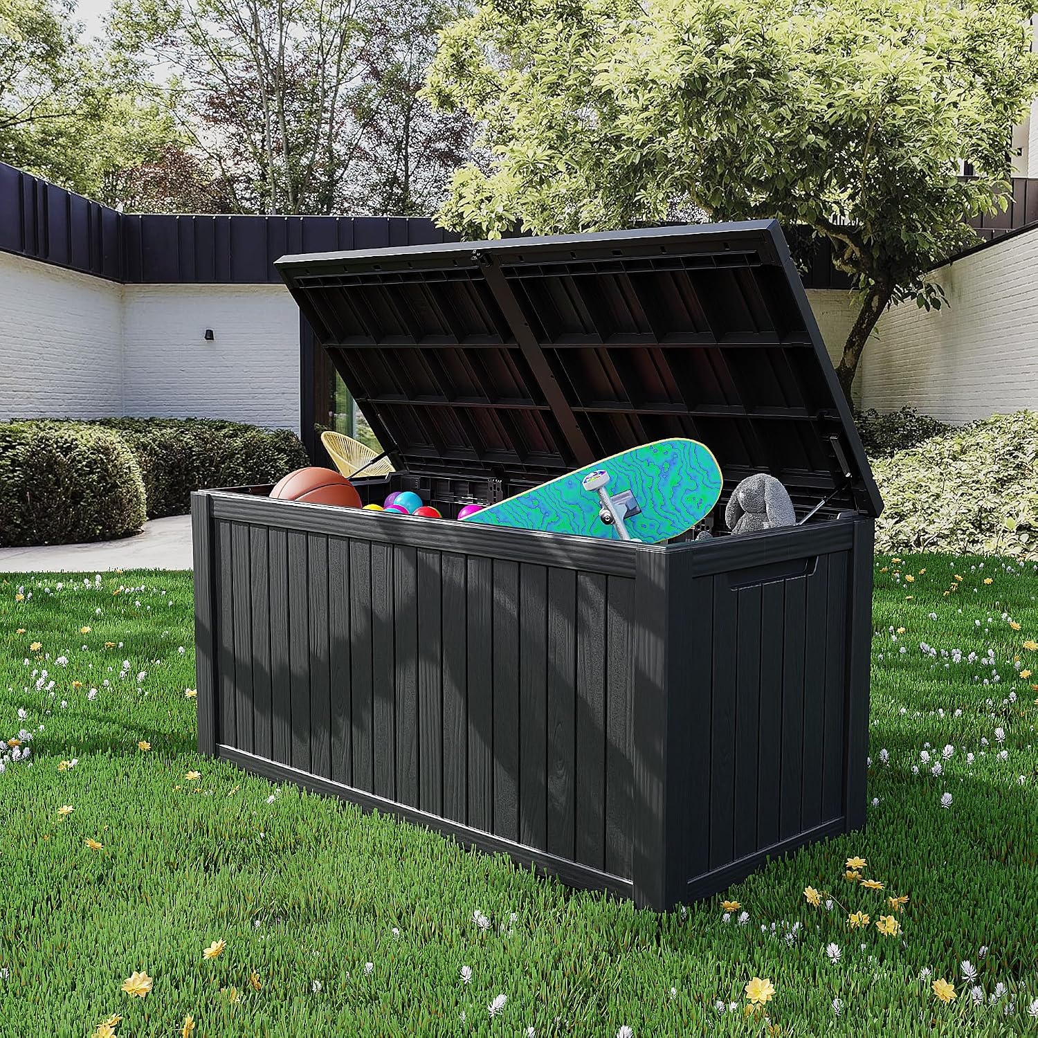 200 Gallon Outdoor Storage Box Waterproof Lockable Resin Deck Box Large, Black