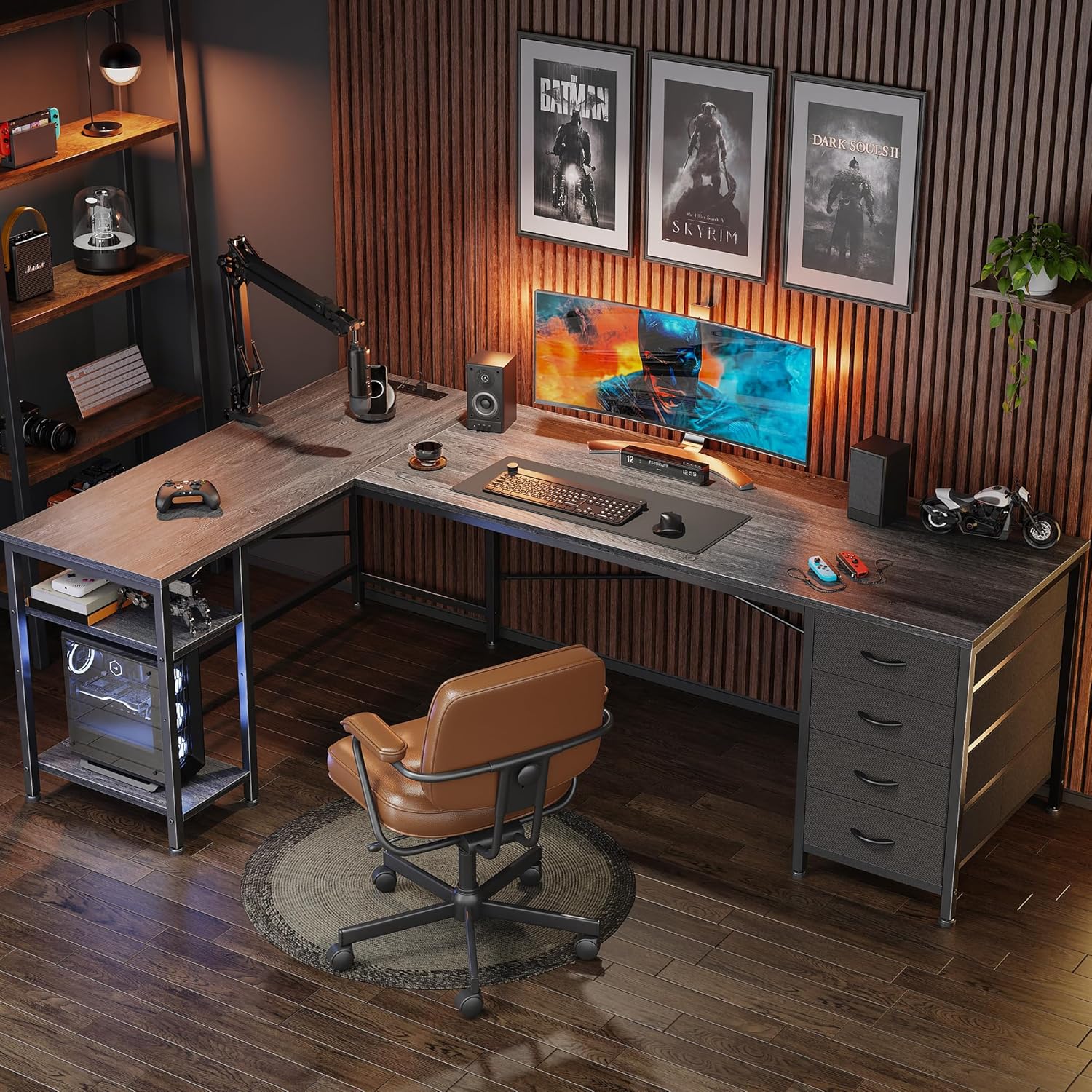 Huuger 63 Inch L Shaped Desk with Fabric Drawers, Reversible Computer Gaming Desk with Power Outlets and USB-C Port, Adjustable Side Storage Shelves, for Work Study Corner Home Office, Grey