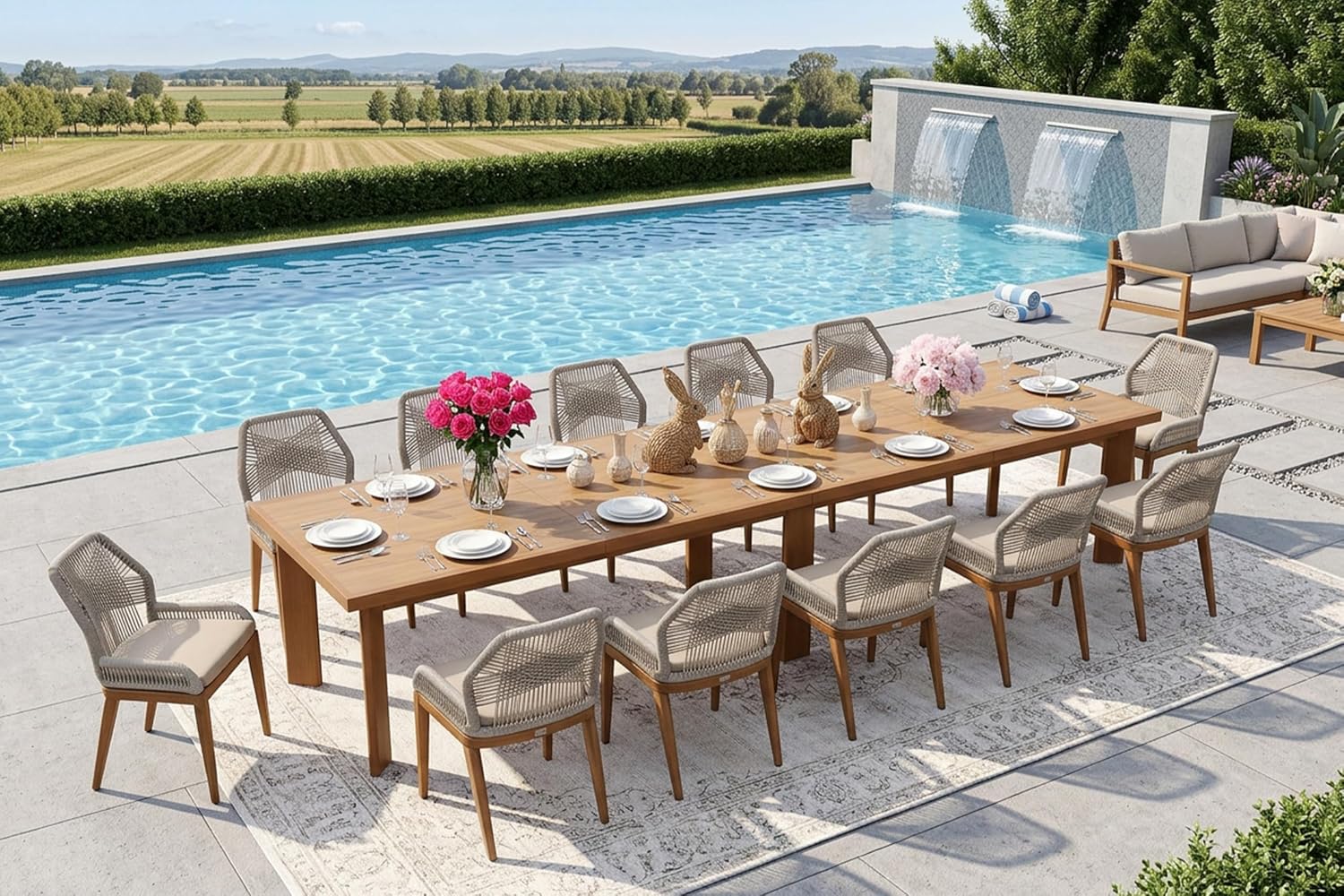 PURPLE LEAF 13 Pieces Patio Dining Set Aluminum Rectangular Table and Wicker Chairs with Cushions for Kitchen Porch Garden Modern Outdoor Furniture Sets