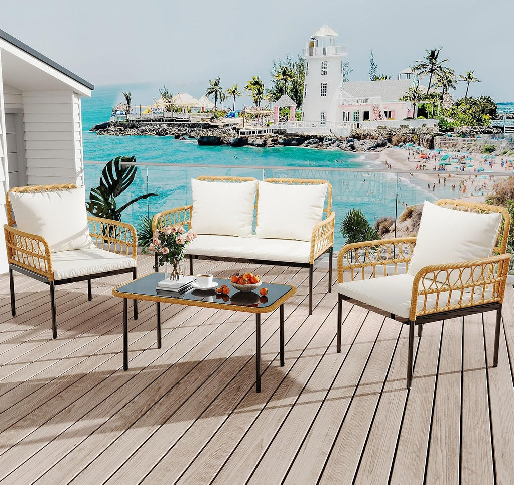 4 Pieces Patio Furniture Set,Outdoor All-Weather Wicker Rattan Bistro Set with Glass Table and Thick Cushions Boho Loveseat Chairs for Balcony Garden Backyard Poolside,Beige
