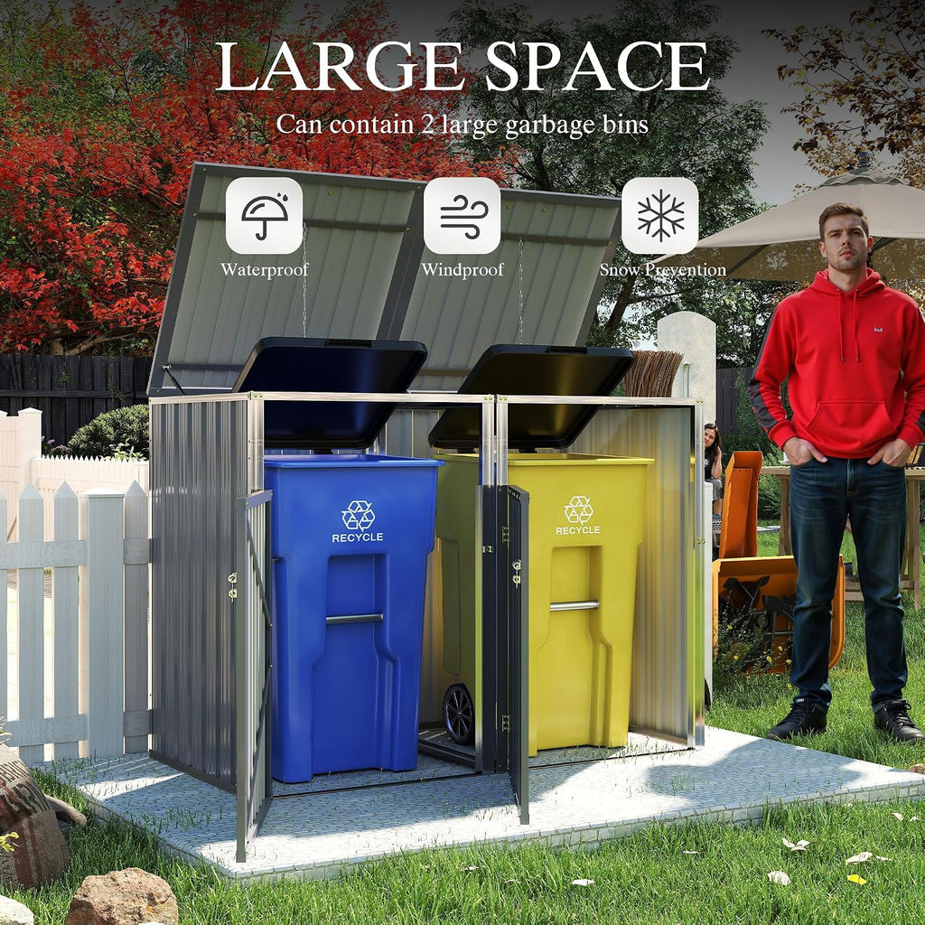 Outdoor Trash Can Storage, Garbage Bin Shed Stores 2 Trash Cans with Pneumatic Support Rod, 54 Cubic feet of Space, Metal Outdoor Storage Shed for Garbage Cans, Garden, Backyard, Patio, Light Gray