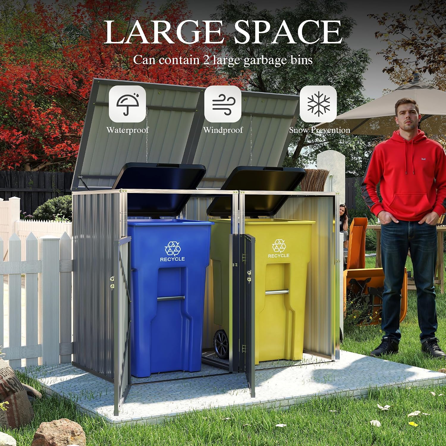 Outdoor Trash Can Storage, Garbage Bin Shed Stores 2 Trash Cans with Pneumatic Support Rod, 54 Cubic feet of Space, Metal Outdoor Storage Shed for Garbage Cans, Garden, Backyard, Patio, Light Gray