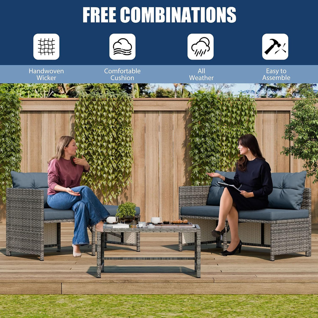 Vongrasig 3 Pieces Patio Furniture Sets, All-Weather Wicker Outdoor Sofa Couch Sectional Set, Small Conversation Set for Patio, Garden w/Cushion, Glass Table, (Blue)