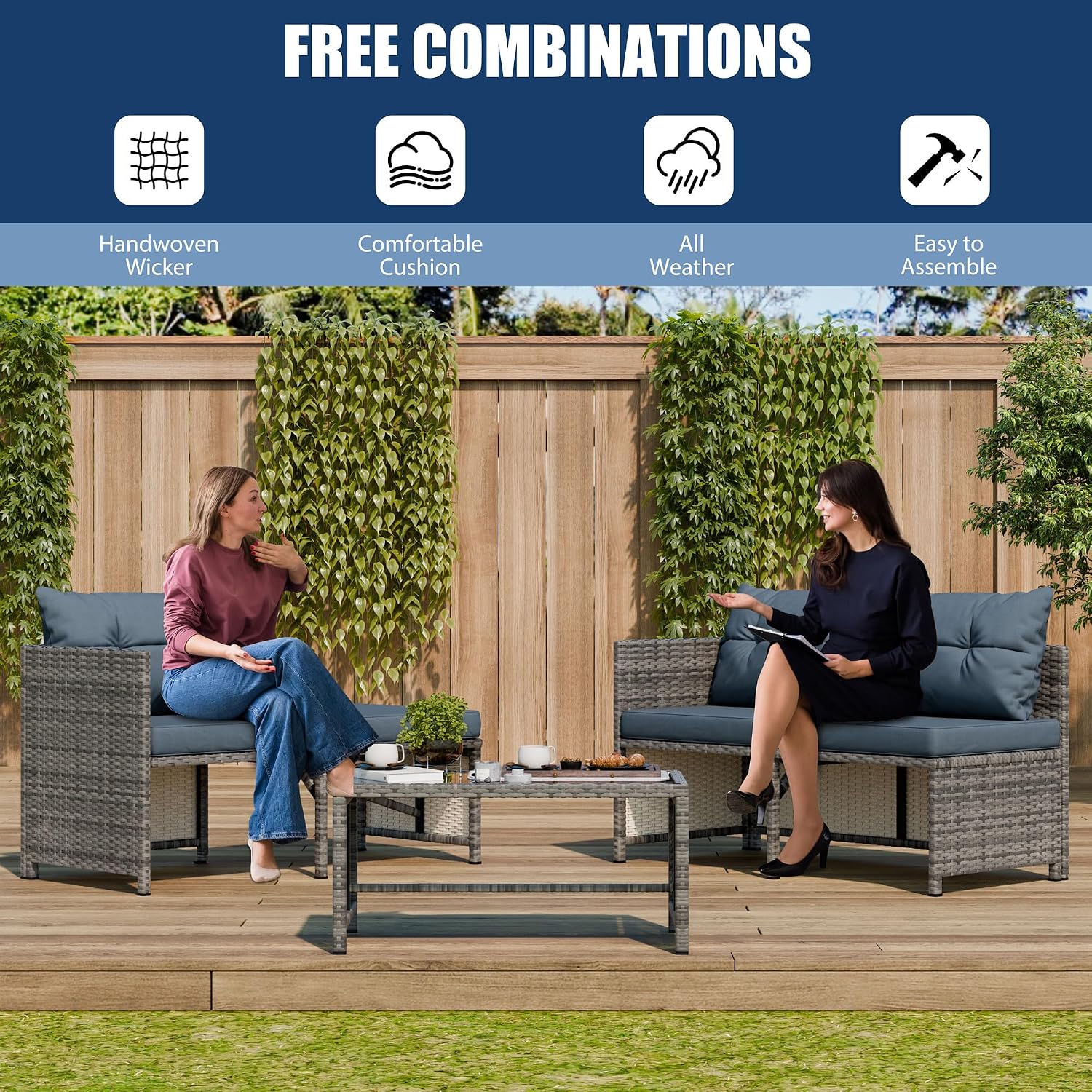 Vongrasig 3 Pieces Patio Furniture Sets, All-Weather Wicker Outdoor Sofa Couch Sectional Set, Small Conversation Set for Patio, Garden w/Cushion, Glass Table, (Blue)