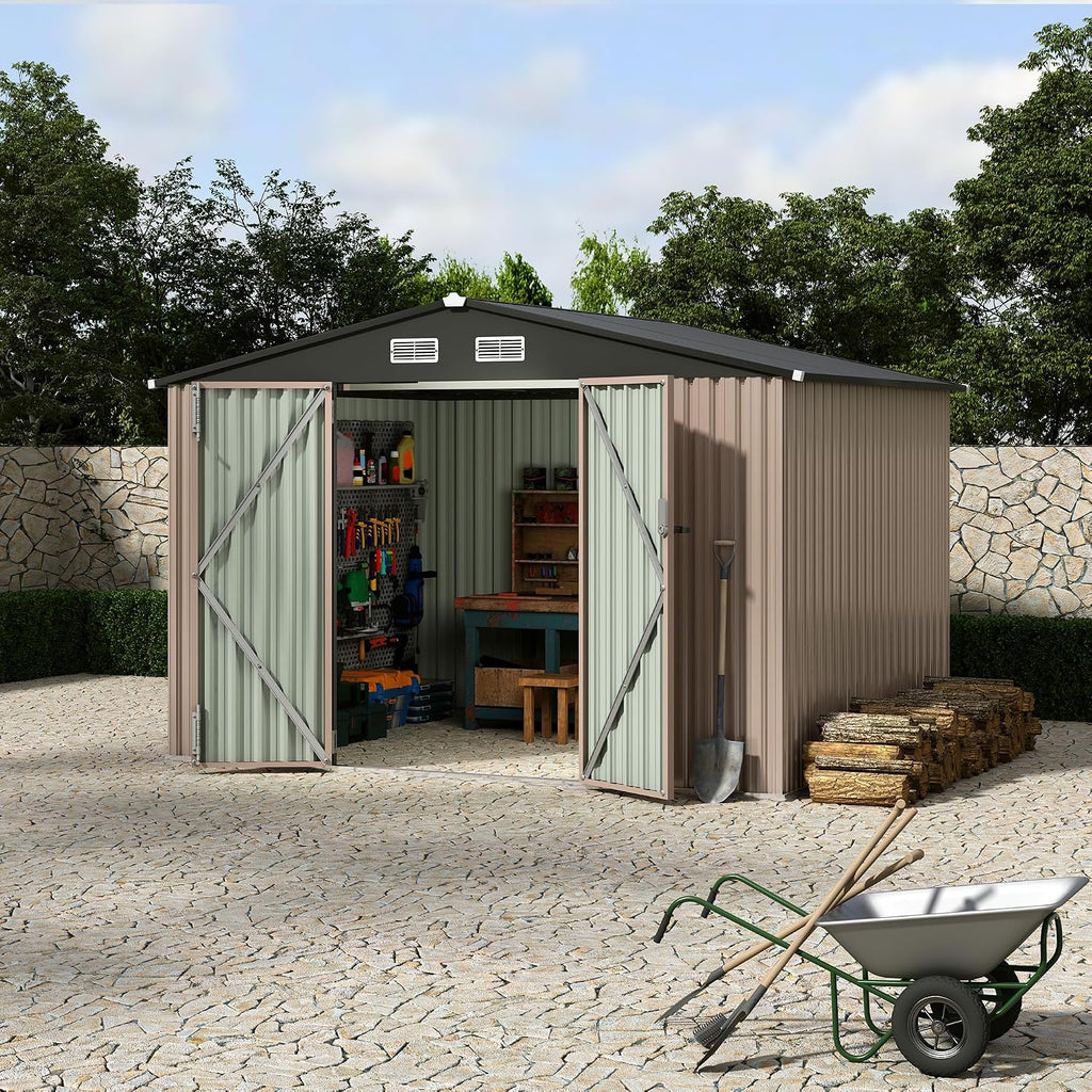 8x10 FT Metal Storage Sheds Outdoor, Metal Yard Sheds Garden Shed Kit, Tool Shed with Lockable Door, Utility Sheds Buildings with Air Vent for Backyard Garden Patio Lawn