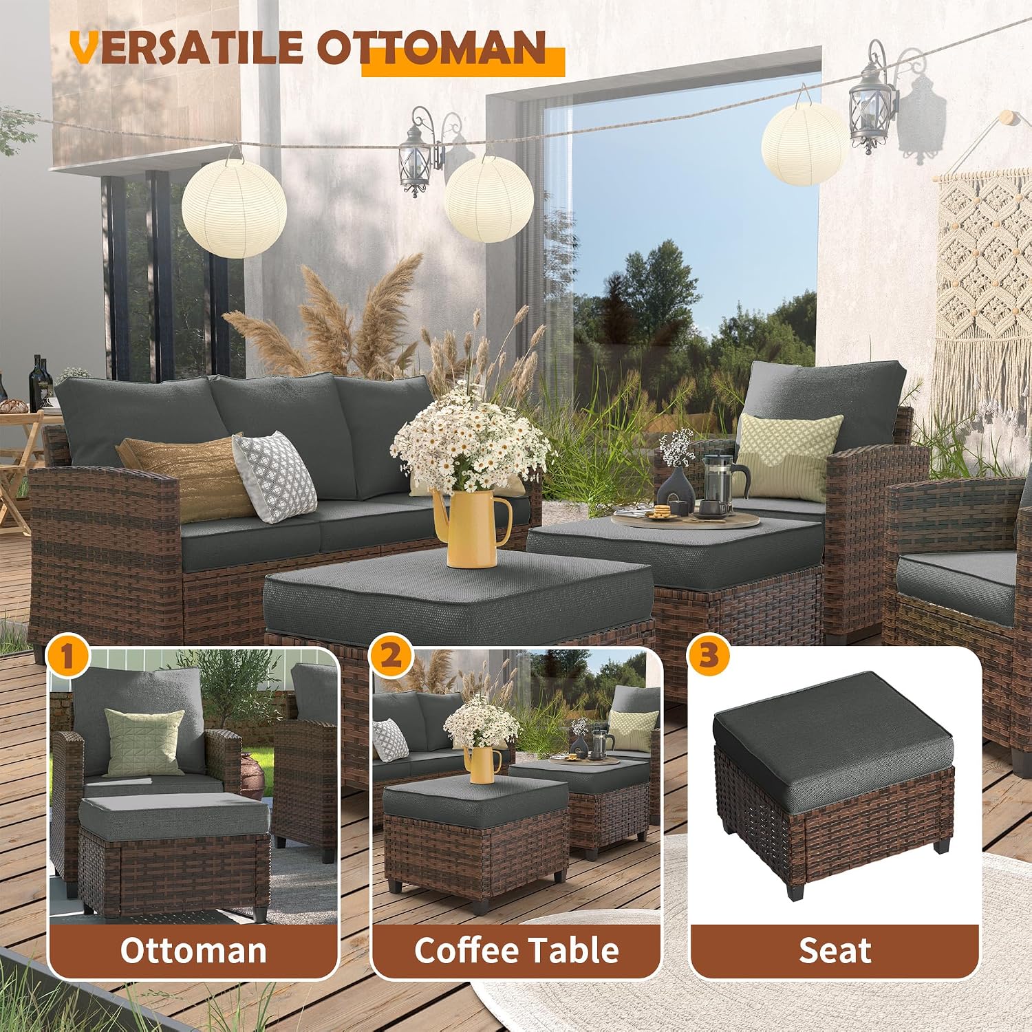 UDPATIO Patio Conversation Set, 5 Pieces Outdoor Furniture Set, All-Weather Wicker Rattan High Back Outdoor Sectional Sofa Set with Ottoman for Poolside, Backyard, Brown Wicker Dark Grey Cushions