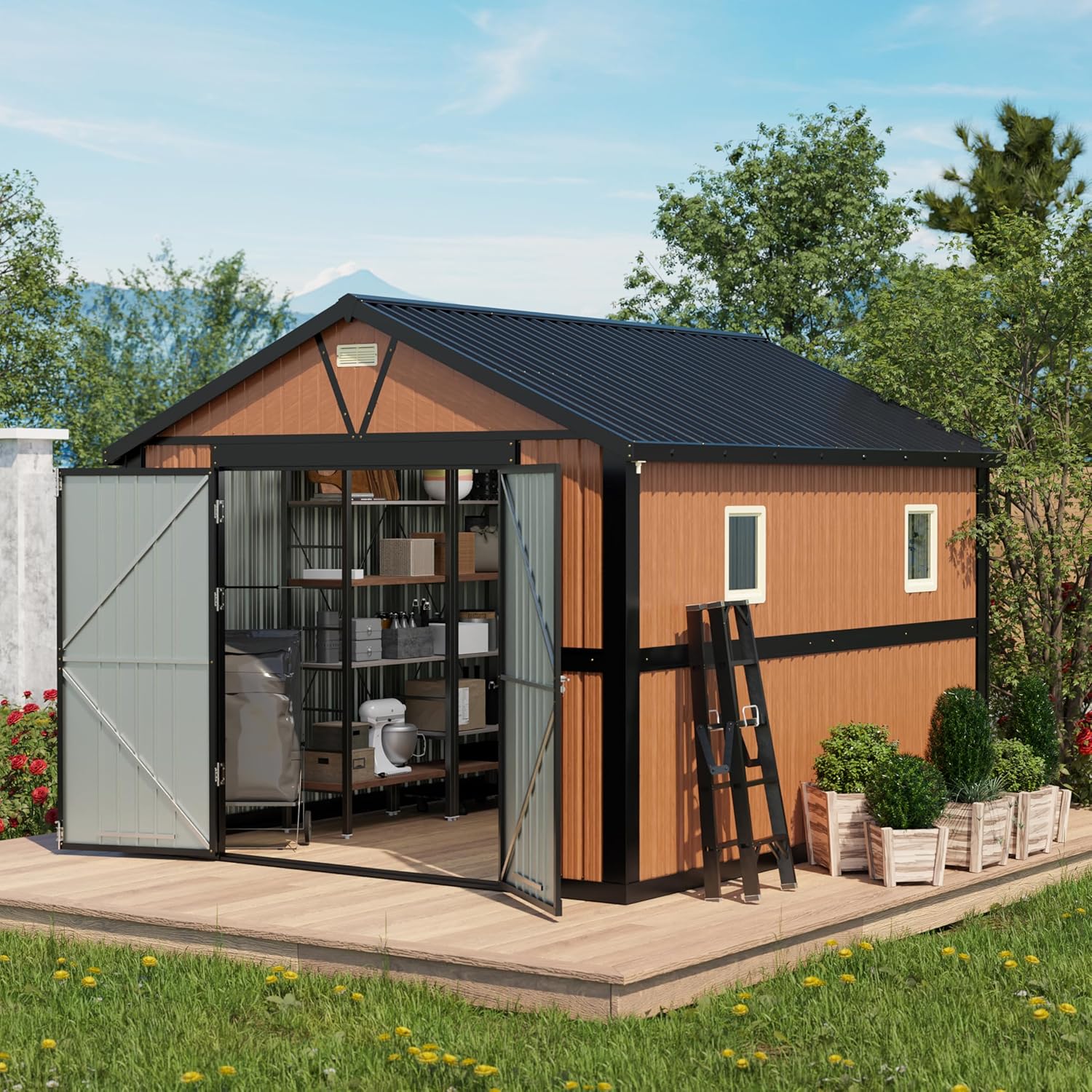 Florise 10x12 Ft Outdoor Storage Shed, Extra Large Metal Shed with Frame Floor, Lockable Doors, 2 Windows, Outside Steel Tiny House Ideal for Garden, Backyard, Patio Utility, Tool Storage