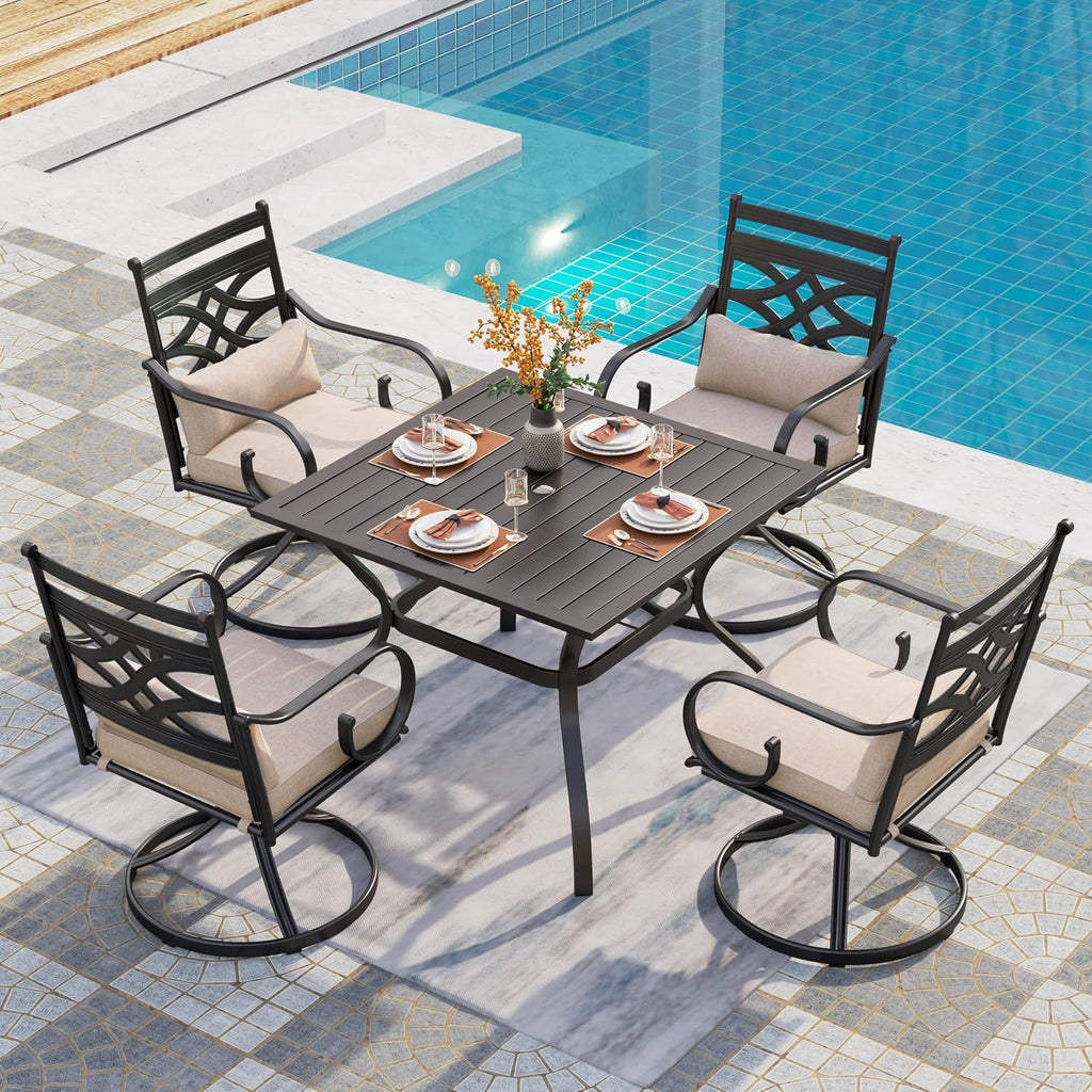 PHI VILLA 5 Pieces Outdoor Dining Set for 4, 37' Square Black Metal Table & Wrought Iron Swivel Chairs, All Weather Large Outside Furniture with Cushions & Pillows for Patio, Deck, Porch