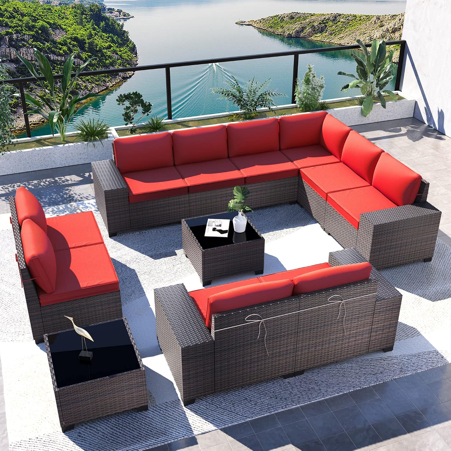 Kullavik Outdoor Patio Furniture Set 12 Pieces Sectional Rattan Sofa Set Brown PE Rattan Wicker Patio Conversation Set with 10 Red Seat Cushions and 2 Tempered Glass Table