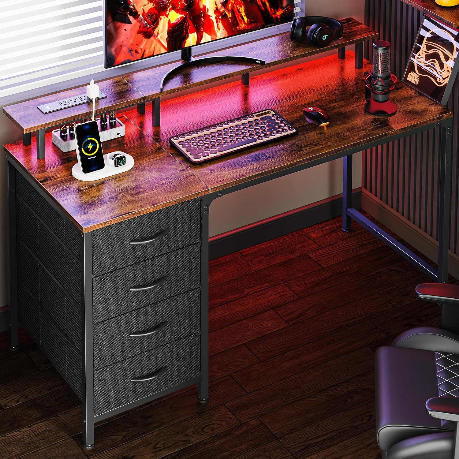 Huuger 47 Inch Computer Desk with Power Outlets and LED Lights, Gaming Desk with 4 Drawers, Office Desk with Monitor Stand, Study Work for Home Office, Small Spaces, Rustic Brown