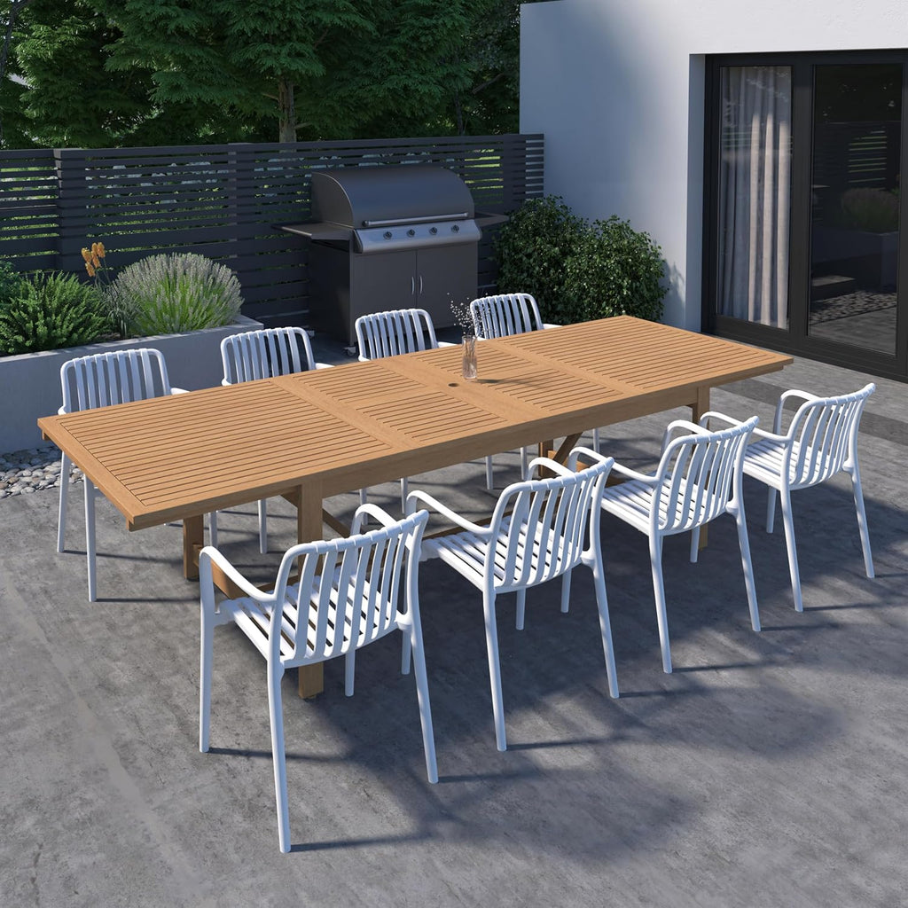 Urban Elements Frida Rectangular Extendable Patio Furniture Set | 100% Certified Teak Finish | Backyard Furniture, Outside Table and Chairs, Rectangular Outdoor Dining Set (White, 9-Piece)