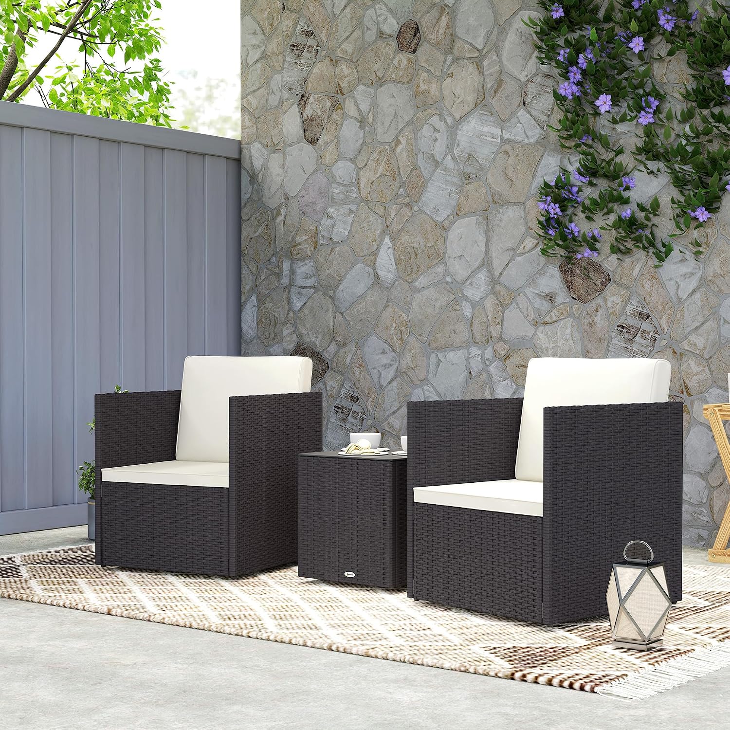 Outsunny 3 Piece Patio Furniture Set, Folding Outdoor Wicker Bistro Set with Washable Cushions, Adjustable Feet, and Glass Coffee Table, Easy Assembly for Garden, Balcony, Poolside, Backyard, Brown