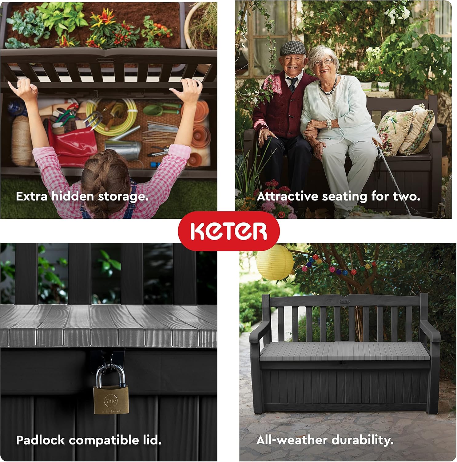 Keter Solana 70 Gallon Storage Bench Deck Box for Patio Furniture, Front Porch Decor and Outdoor Seating – Perfect to Store Garden Tools and Pool Floats, Graphite