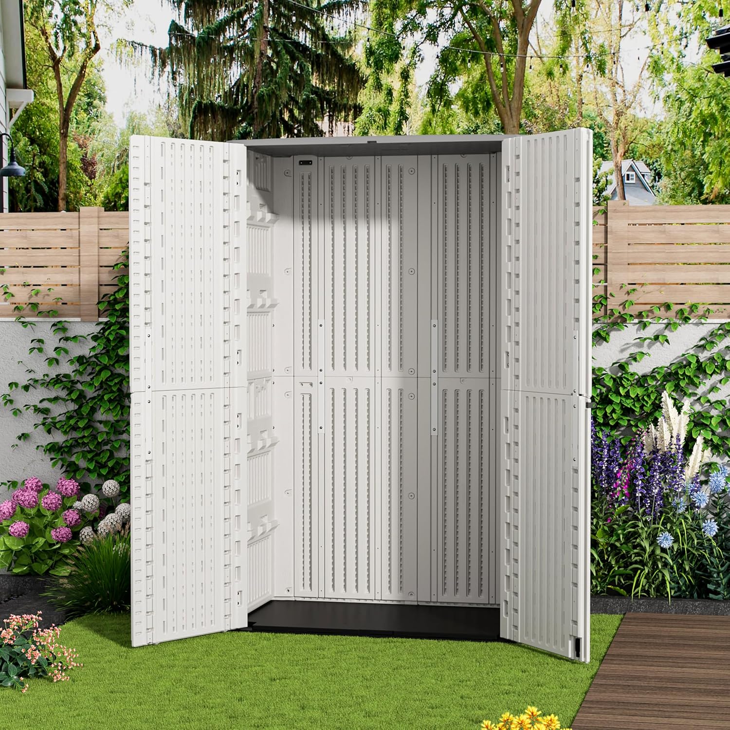 ZZM Resin Outdoor Storage Shed, 67 Cu.ft Vertical Resin Tool 4x6 FT Cabinet w/o Shelf for Garden, Patio, Backyard, All-Weather Outdoor Plastic Storage Clearance, Lockable with Floor (Light-White)