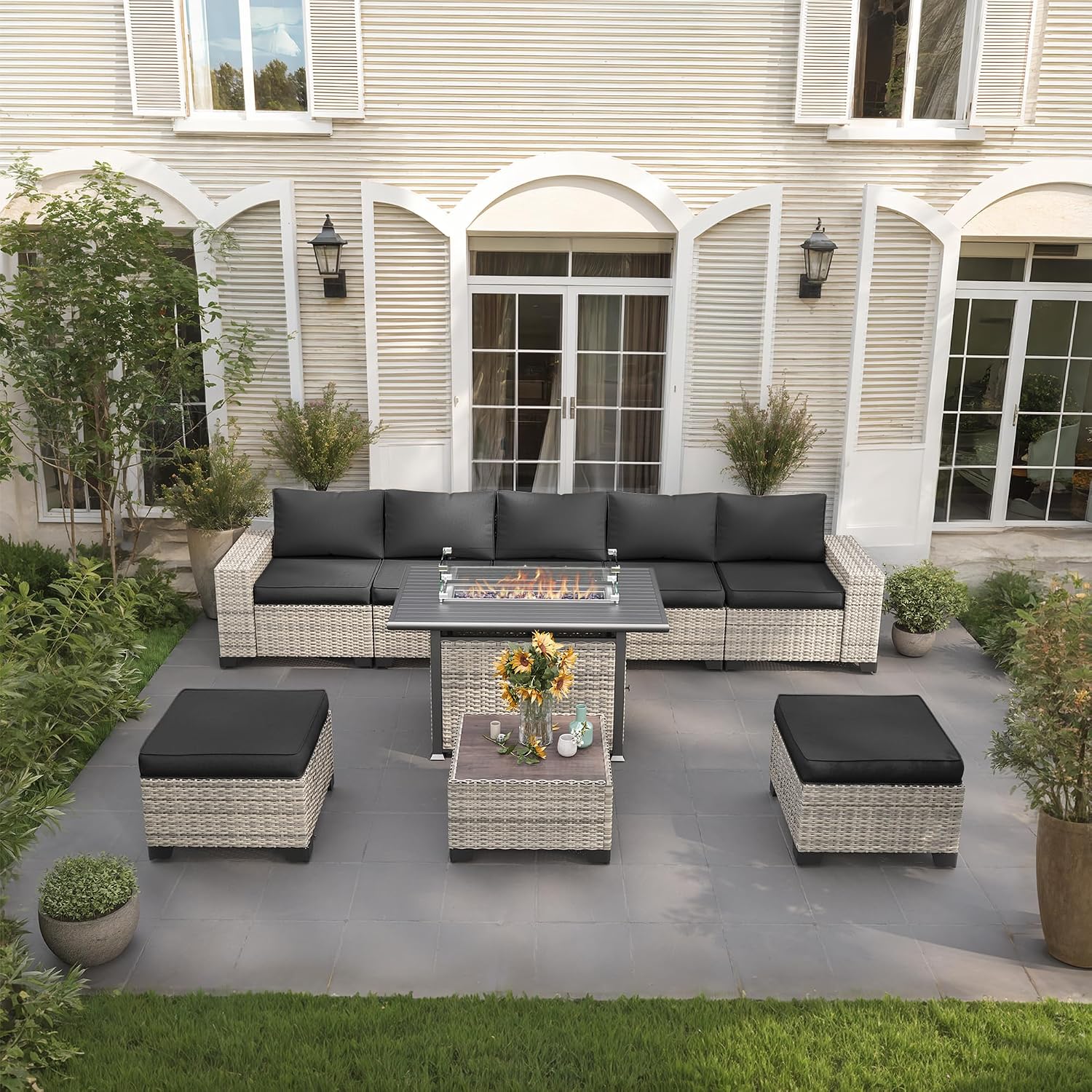 9-Piece Outdoor Patio Furniture Set with 55,000 BTU Fire Pit Table, PE Wicker Rattan Sectional Sofa Patio Conversation Set with Ottomans & Coffee Table, Dark Grey