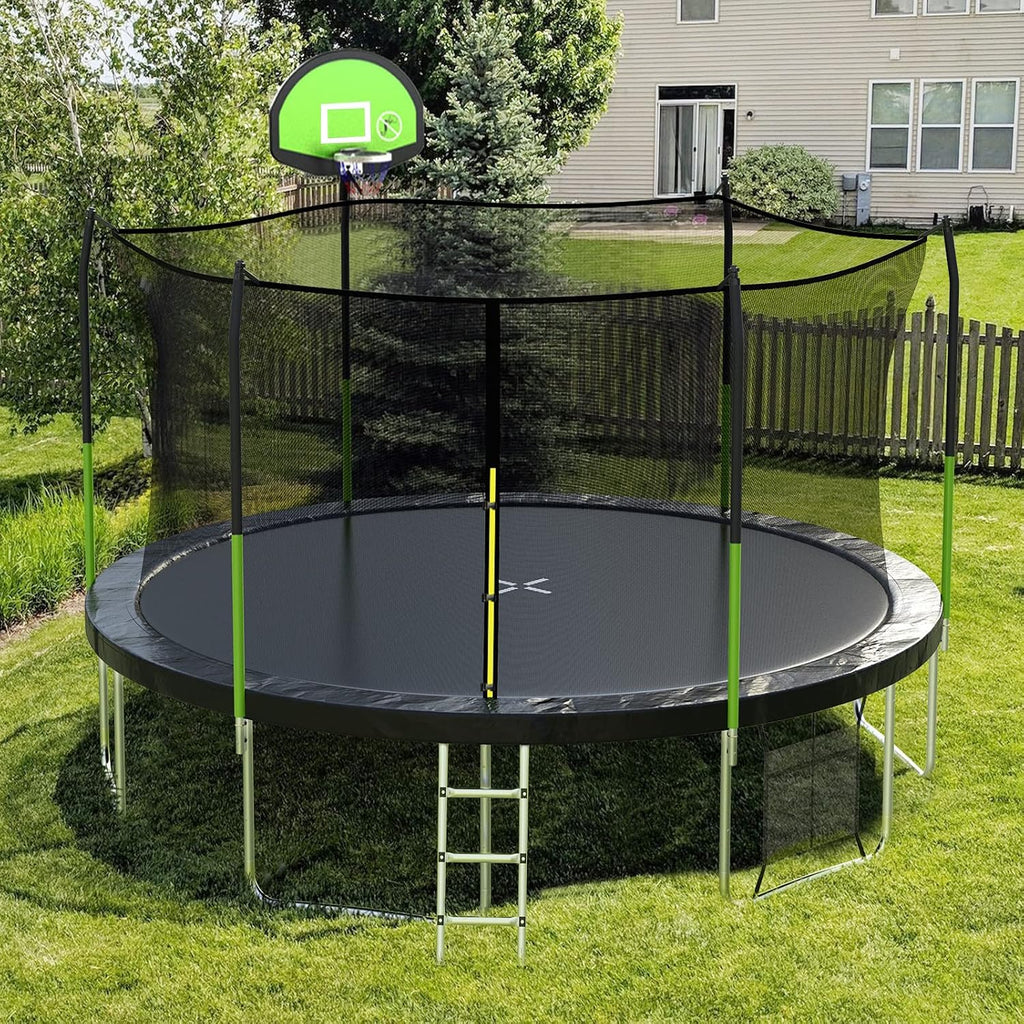 AOTOB 8FT 10FT 12FT 14 FT 15FT Trampoline with Safety Enclosure Net，Outdoor Trampoline with Basketball Hoop, Heavy Duty Jumping Mat and Spring Cover Padding for Kids and Adults, Storage Bag and Ladder