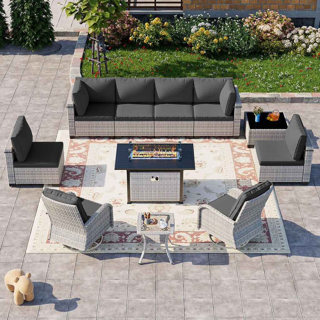 11-Piece Patio Furniture Set, Outdoor Patio Furniture with 55,000 BTU Fire Pit Table, Swivel Chairs Set, Thick Cushions, Modular Patio Sofa, Dual-Strand Wicker Rattan, Rust-Resistant Frame, Black