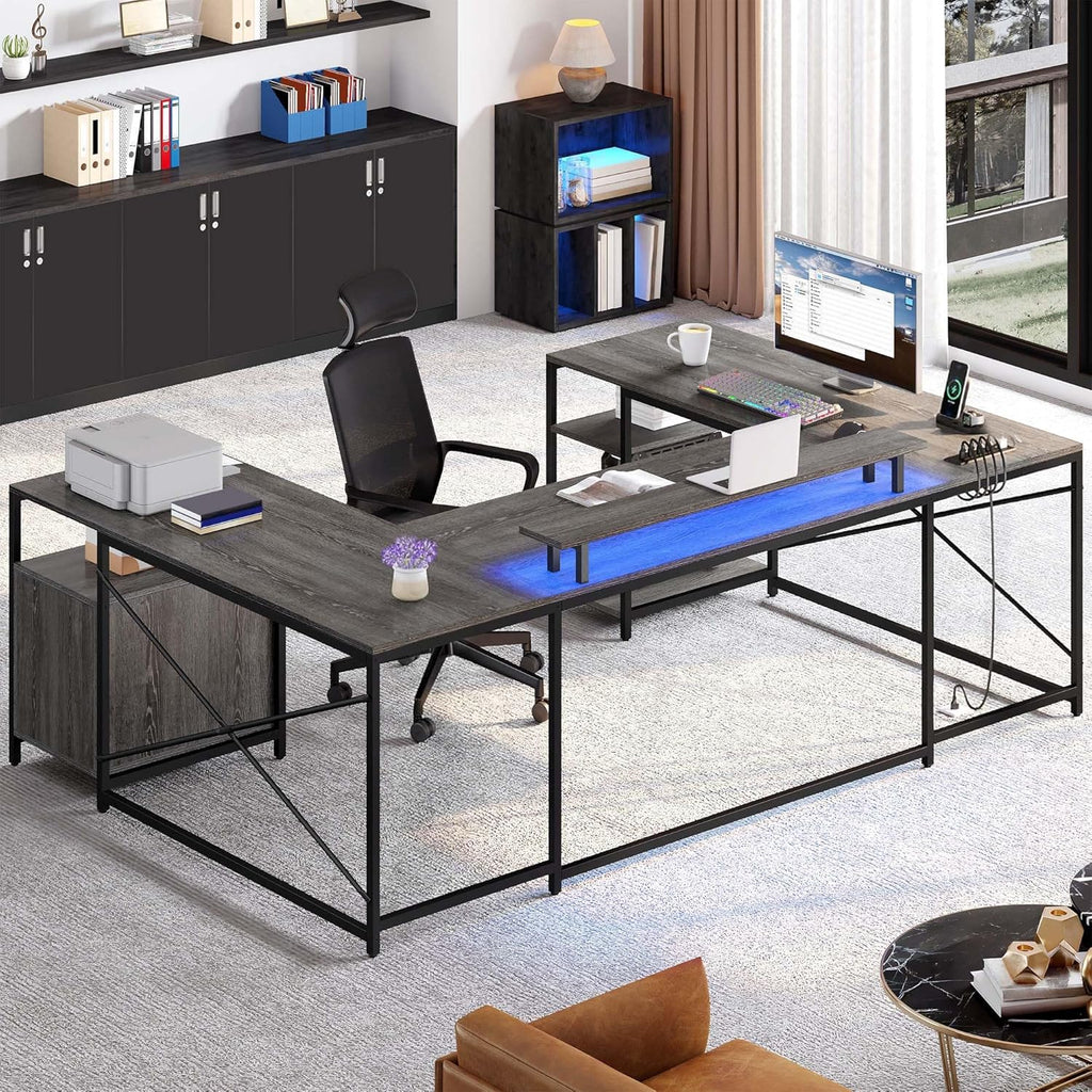 YITAHOME U Shaped Desk with Power Outlets & LED Lights, 79' Reversible L Shaped Desk with Drawers, Corner Computer Desk Office Desk with Monitor Stand & Storage Shelves, Grey