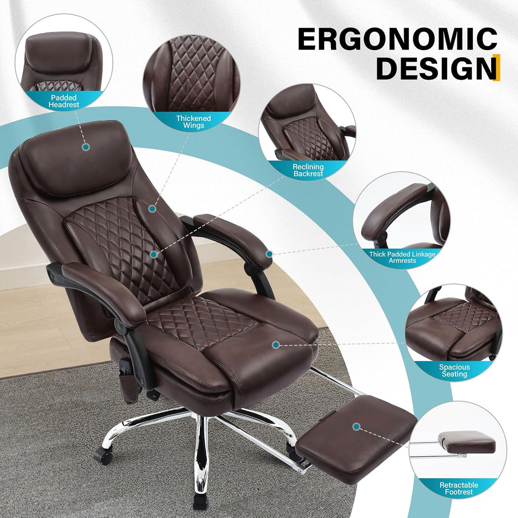 6-Point Massage Office Chair with Heated, Ergonomic Office Chair with Footrest & 45°Reclining High Back, Big and Tall Executive Office Chair 500LBS, Thick Cushion Desk Chair for Home Office, Brown(PU)
