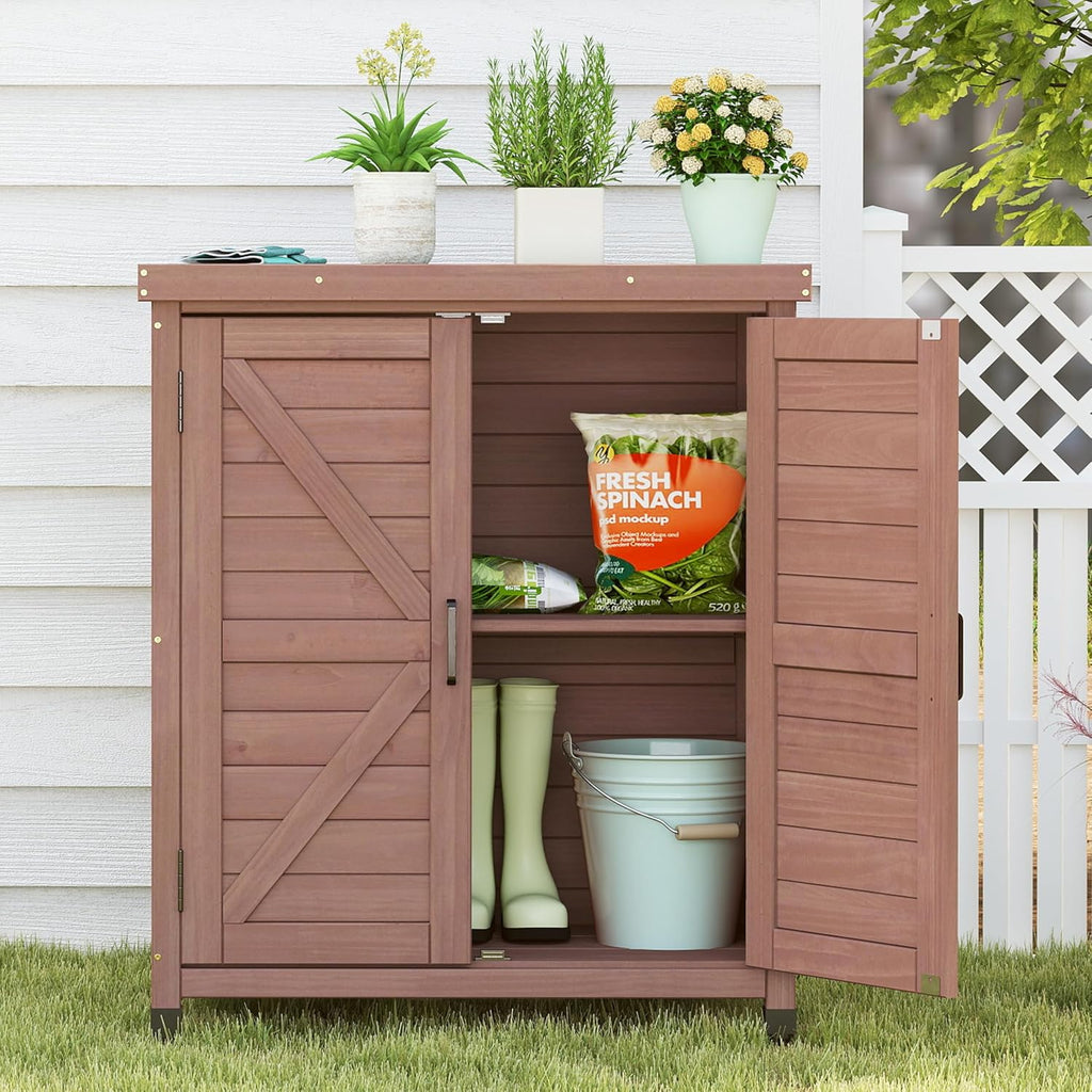 Potting Bench with Storage Cabinet and Metal Table Top for Outdoor Patio, Garden Furniture Wood Workstation