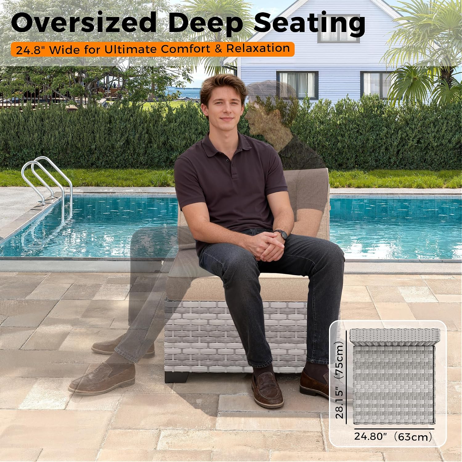 8-Seat Outdoor Wicker Patio Furniture Set with Fire Pit Table, Modular Rattan Sectional Sofa & 2 Swivel Rocking Chairs, 4' Thick Cushions, Rust-Resistant Frame,Beige