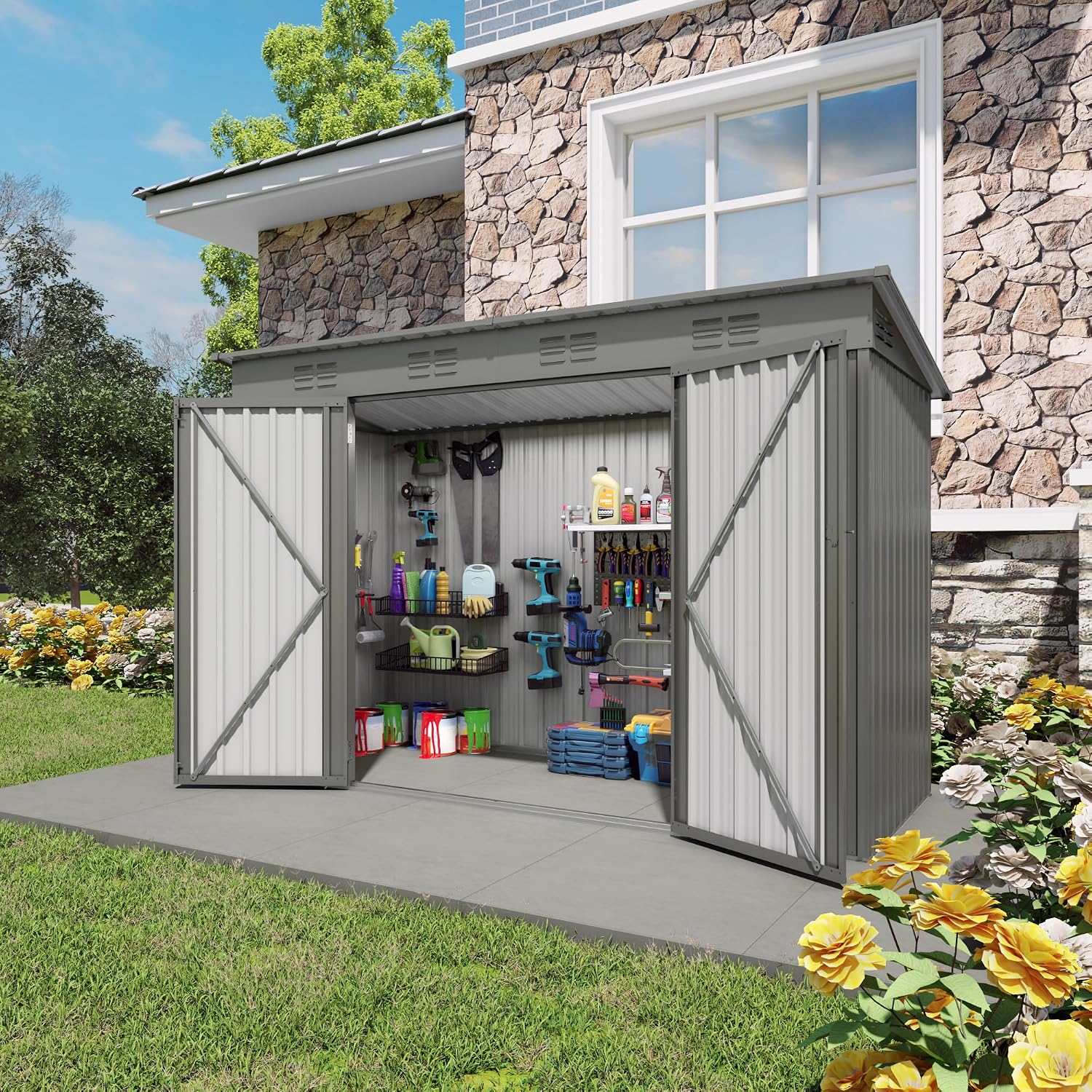 YOPTO 4x9 FT Outdoor Storage Shed W/Window,Metal Shed W/Lockable Door,Garden Tool Storage House W/ 6 Air Vents & Sloped Roof,for Backyard,Patio,Lawn,Gray