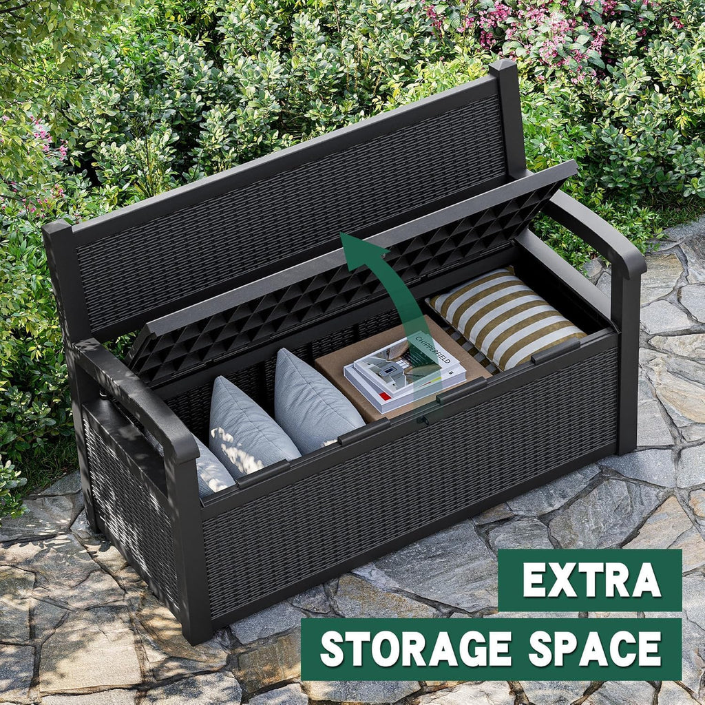 LHBcraft 70 Gallon Lockable Outdoor Storage Bench Waterproof, Deck Box Bench for Patio, Porch, Garden, Poolside, Stores Tools & Pool Supplies, Heavy-Duty Outdoor Bench with Storage, Black