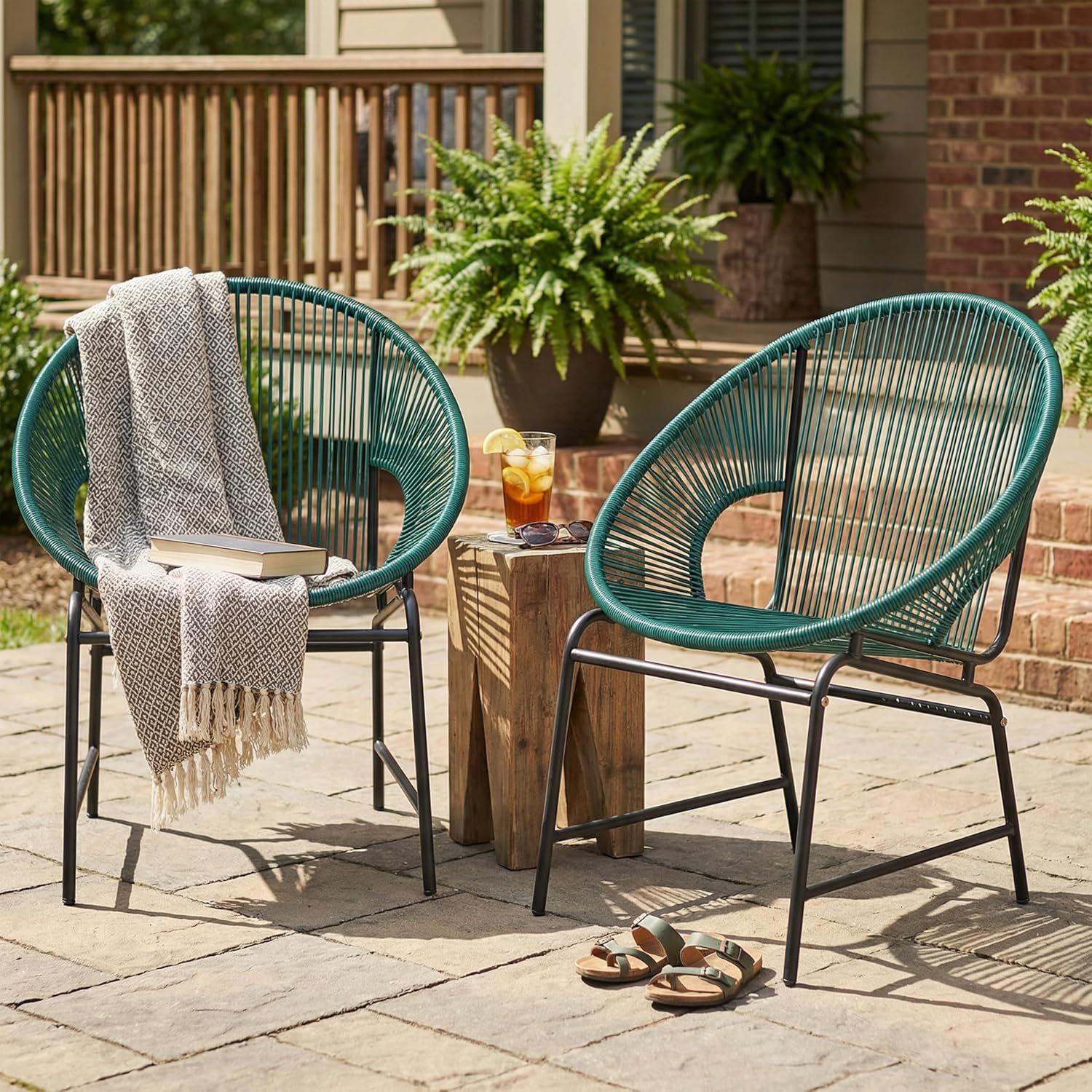 Christopher Knight Home Outdoor Wicker Chairs Set of 2, Patio Papasan Chair with Metal Frame, Faux Rattan Lounge Chair Outdoor, Teal