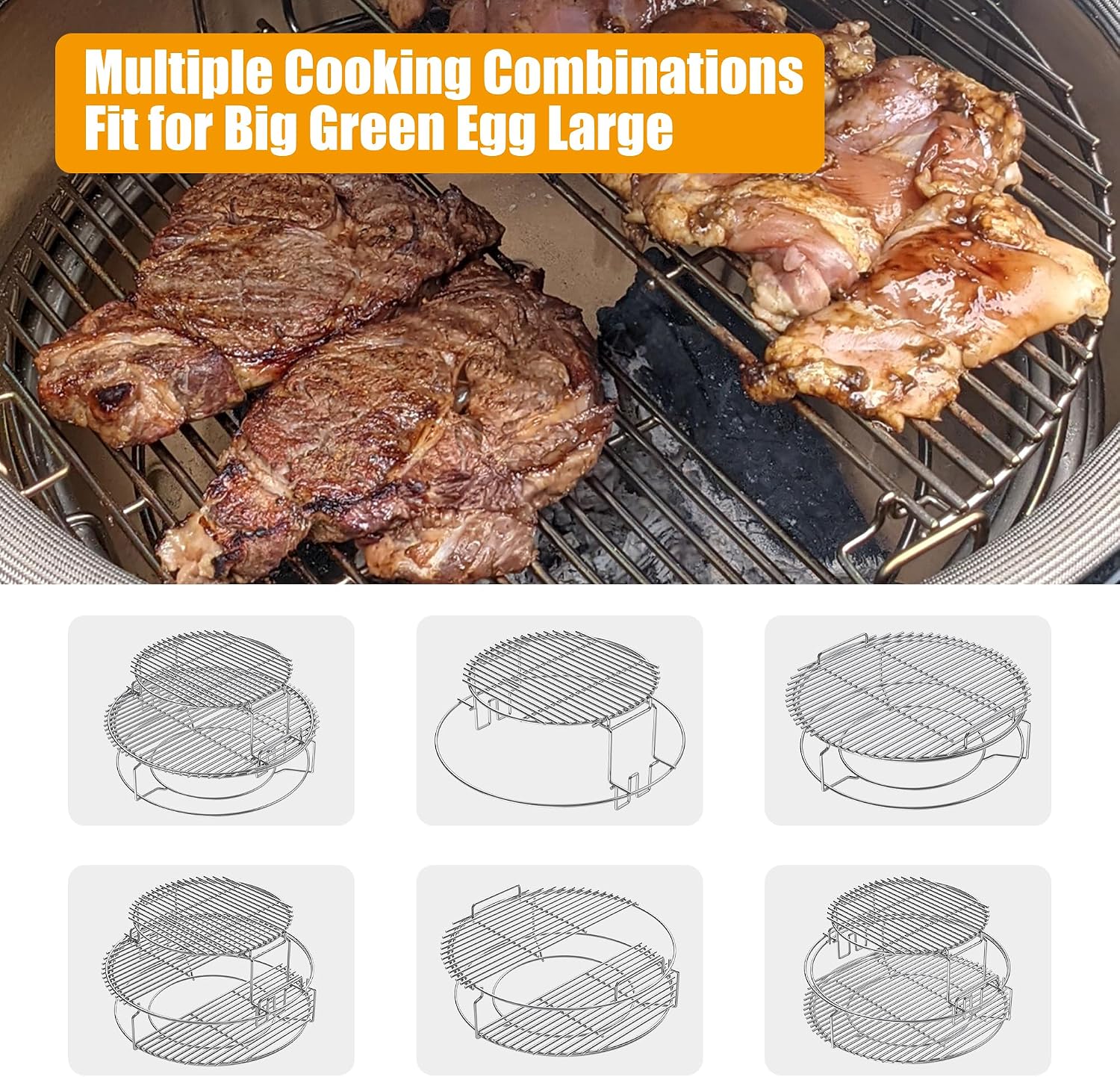 BBQ-PLUS Expander Rack Replacement Kit for XL Big Green Egg,Heavy Duty Stainless Steel 3 Tier 5 Piece Grill Basket Accessories with Removable Cooking Rack System Large