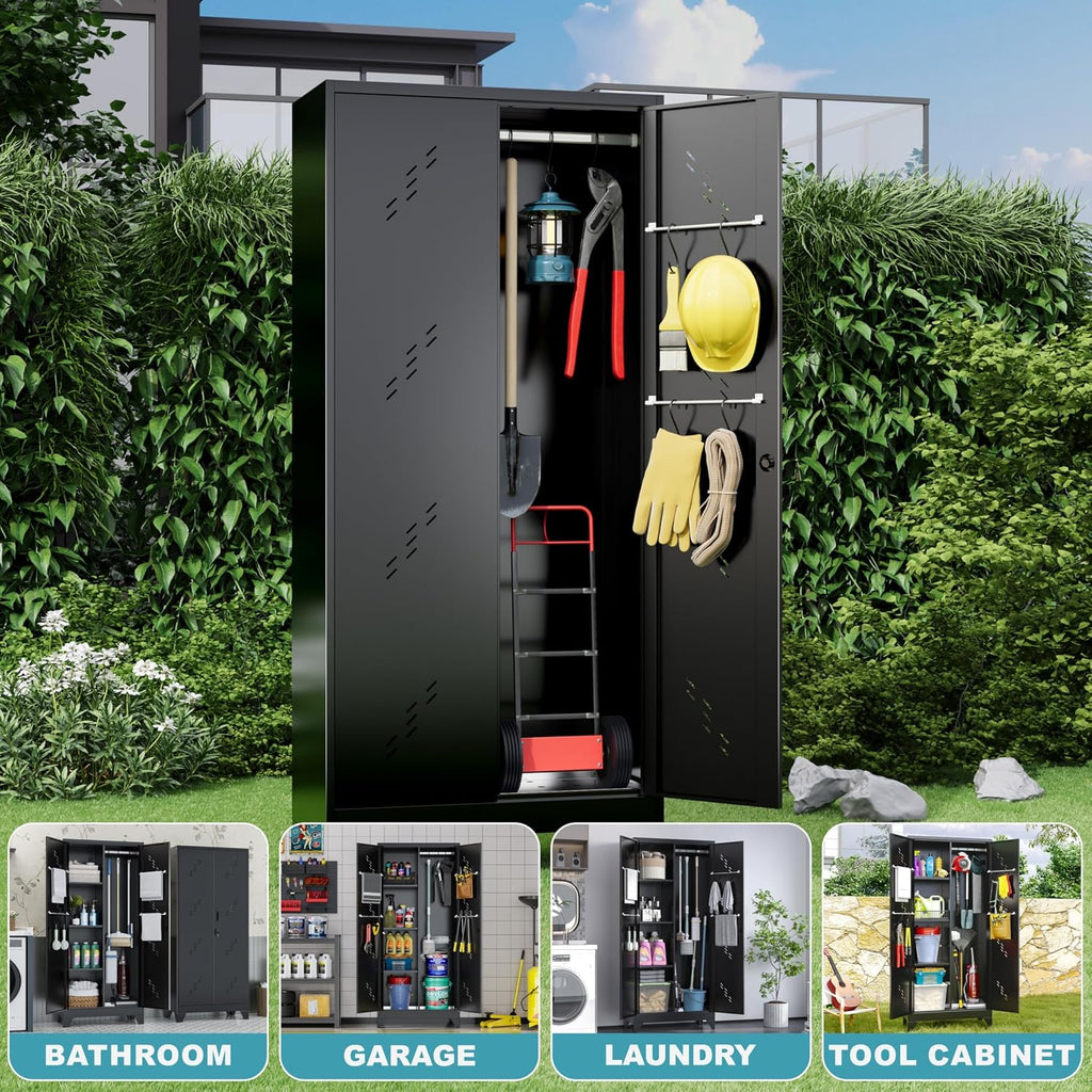 Metal Storage Cabinet 71' H, Garege Storage with Stainless Steel Bottom, Black Cleaning Supplies Organization Cabinet with Lockable Doors and Hanging Rod for Outdoor, Home Office