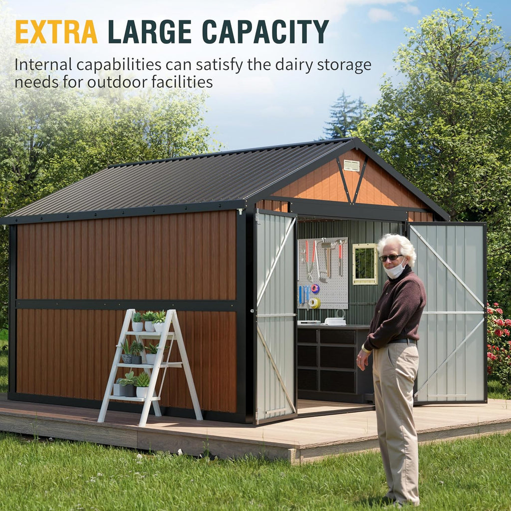 Florise 10x12 Ft Outdoor Storage Shed, Extra Large Metal Shed with Frame Floor, Lockable Doors, 2 Windows, Outside Steel Tiny House Ideal for Garden, Backyard, Patio Utility, Tool Storage