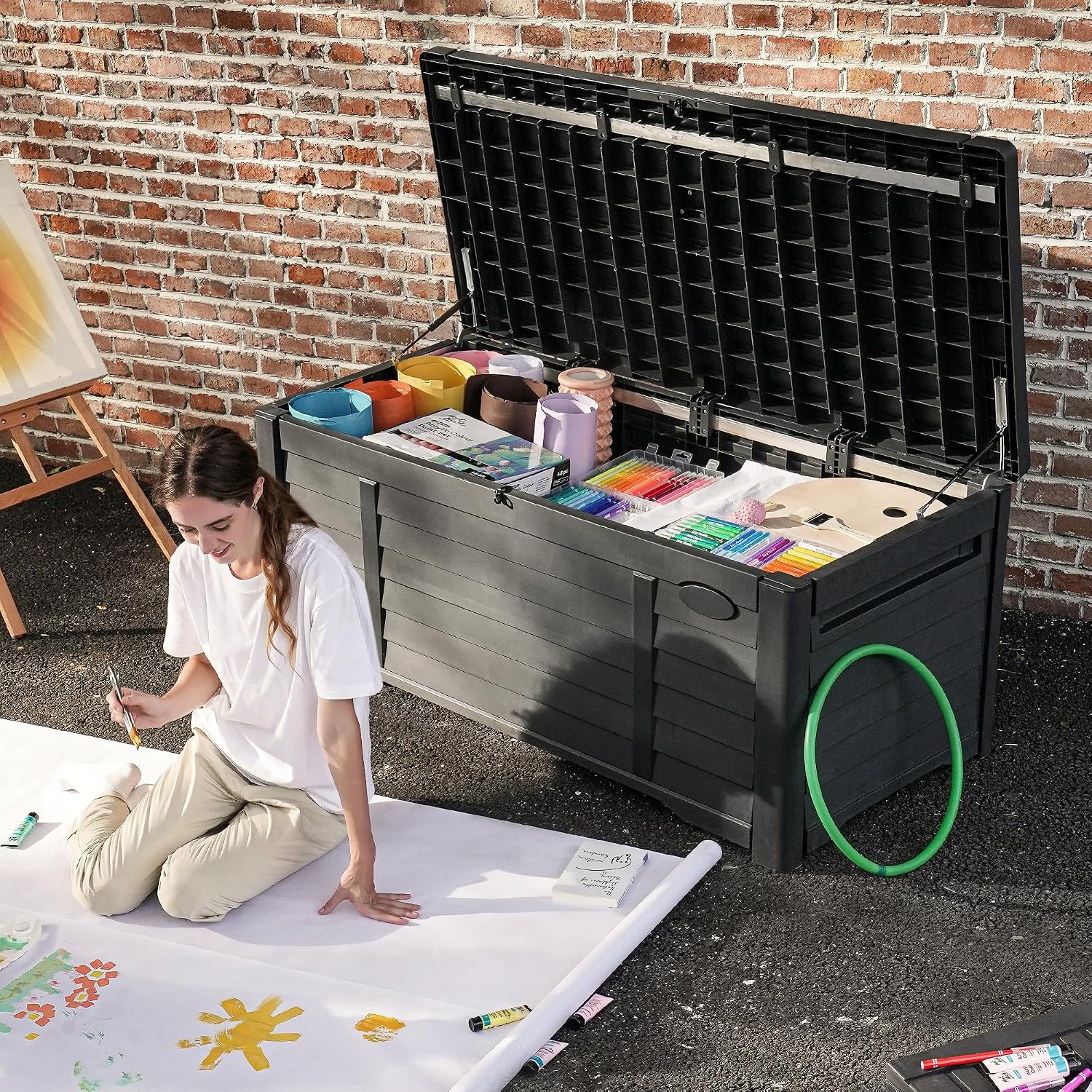 DWVO 150 Gallon Large Deck Box Waterproof Outdoor Storage Box, Extra Large Storage Bin, Resin Louvered Patio Storage for Indoor Pillows, Garden Tools & Pool Supplies, Lockable, Black