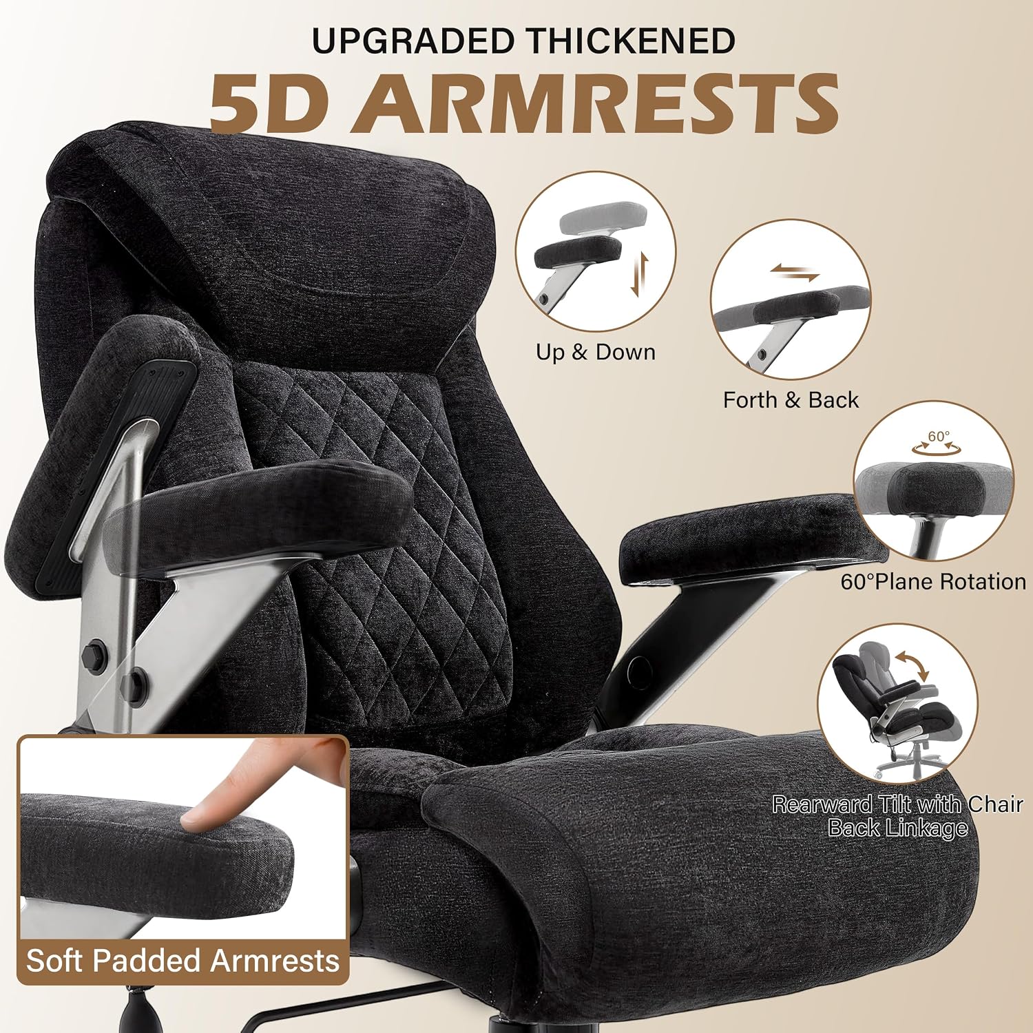 Fabric 700lbs Big and Tall Office Chair, Ergonomic Heavy Duty Executive Cloth Office Chair with 5D Flip Arms & Adjustable Lumbar Support & Dual Rubber Wheel, Large Thick Padded Extra Wide Seat, Black