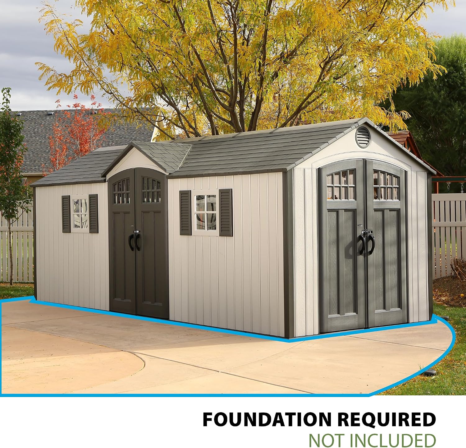 Lifetime 20 x 8 Ft. Outdoor Storage Shed with Steel Reinforced HDPE Walls, Lockable Doors, Windows, Skylights, Adjustable Shelving, Slip‑Resistant Floor, UV‑Protected Backyard Shed