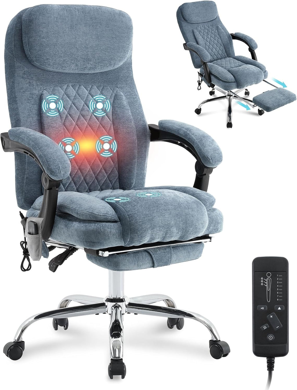6-Point Massage Office Chair with Heated, Ergonomic Office Chair with Footrest & 45°Reclining High Back, Big and Tall Executive Office Chair 500LBS, Thick Cushion Desk Chair for Home Office, Blue