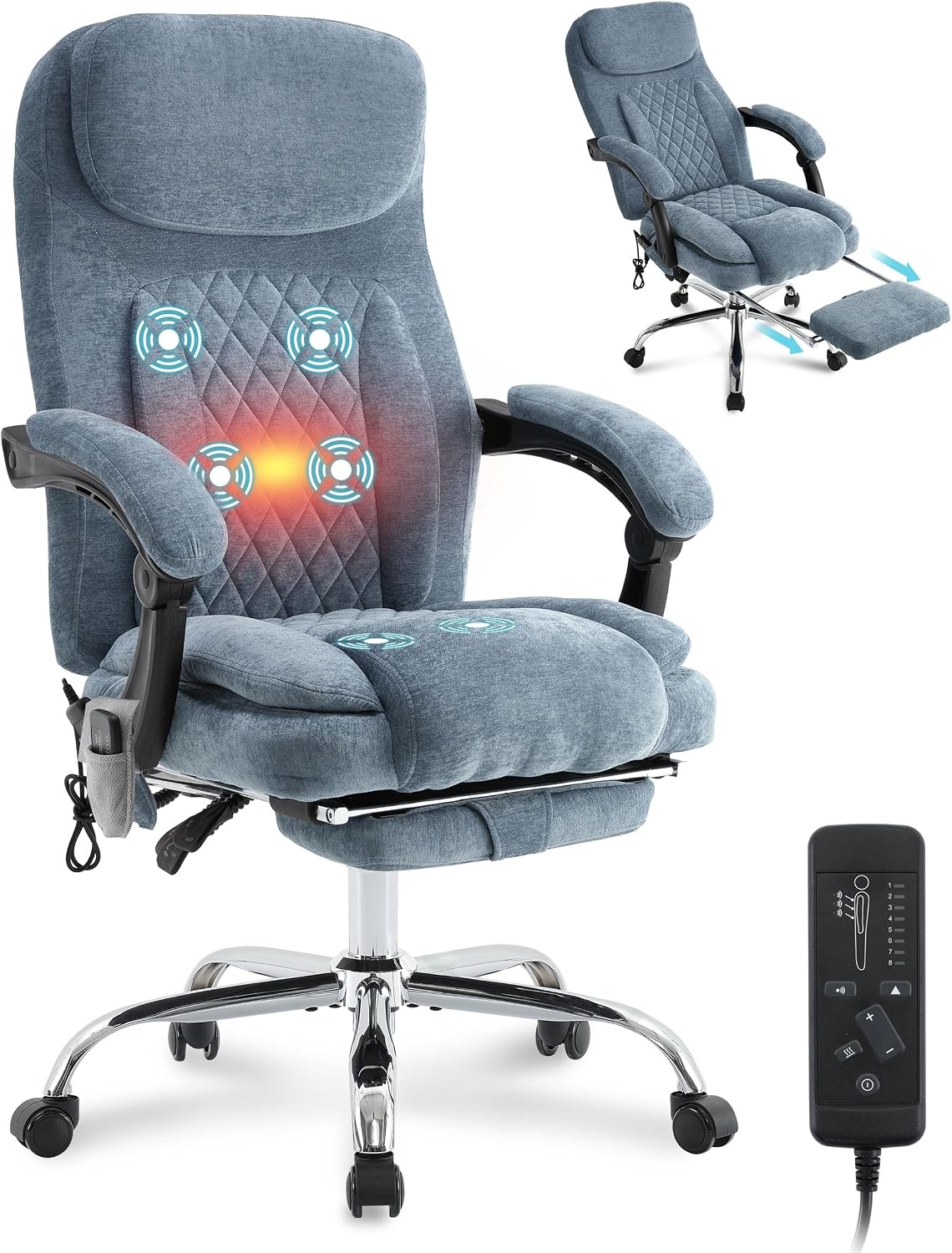 6-Point Massage Office Chair with Heated, Ergonomic Office Chair with Footrest & 45°Reclining High Back, Big and Tall Executive Office Chair 500LBS, Thick Cushion Desk Chair for Home Office, Blue