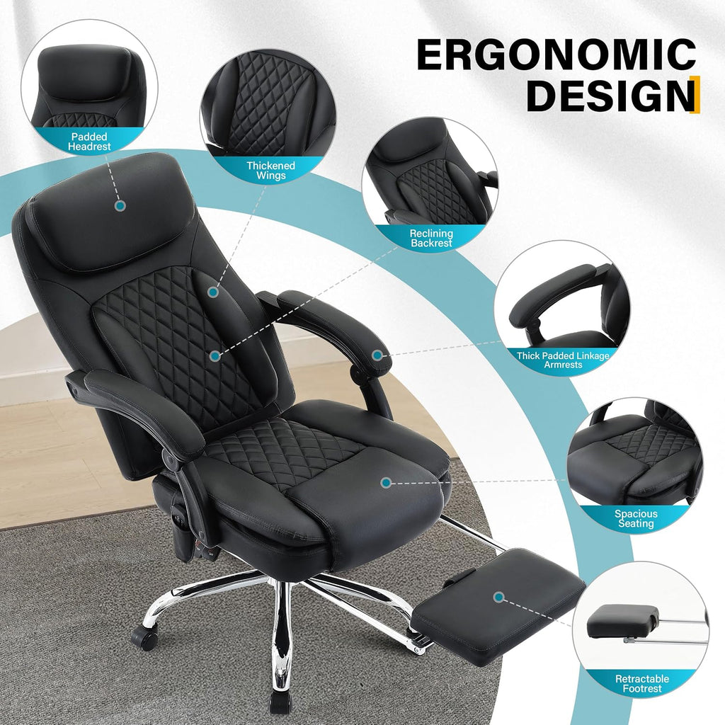 6-Point Massage Office Chair with Heated, Ergonomic Office Chair with Footrest & 45°Reclining High Back, Big and Tall Executive Office Chair 500LBS, Thick Cushion Desk Chair for Home Office, Black(PU)
