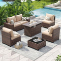 Aoxun Outdoor Patio Furniture Set with 44'' Fire Pit Table, 7 Pcs Outdoor Patio Furniture Sets with 4in Thicken Cushion, Widen Armrests Wicker Outdoor Sectional for Backyard & Garden, Beige