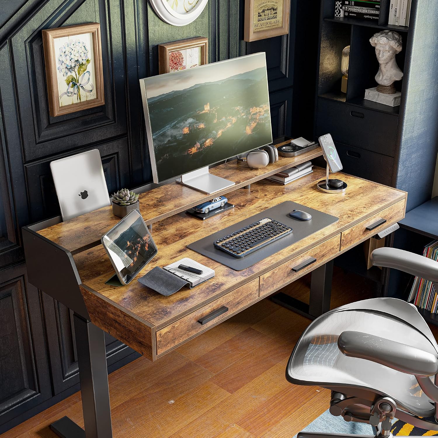 FEZIBO 48x26 Inches Standing Desk with 3 Wooden Drawers and Monitor Shelf, Height Adjustable Computer Desk, Ergonomic Rising Home Office Desks, Sit Stand Up Electric Workstation Table, Rustic Brown