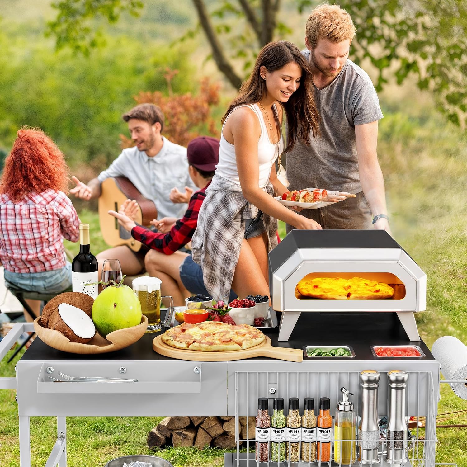 JY QAQA Outdoor Pizza Oven Stand with Condiment Shelf, Outdoor Cooking Cart, Grill Worktable for Patio, Food Prep Station Fits Ninja Woodfire Grill, Cuisinart Grill, Blackstone Griddle