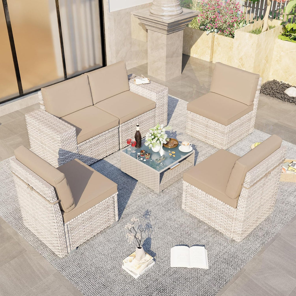 6-Piece Patio Furniture Set, Outdoor Extra Wide Armrest Modular Patio Sofa, Dual-Strand Rattan Wicker, Rust-Resistant Frame, Backyard High Back, Large Seat Furniture for Porch Garden Balcony, Khaki
