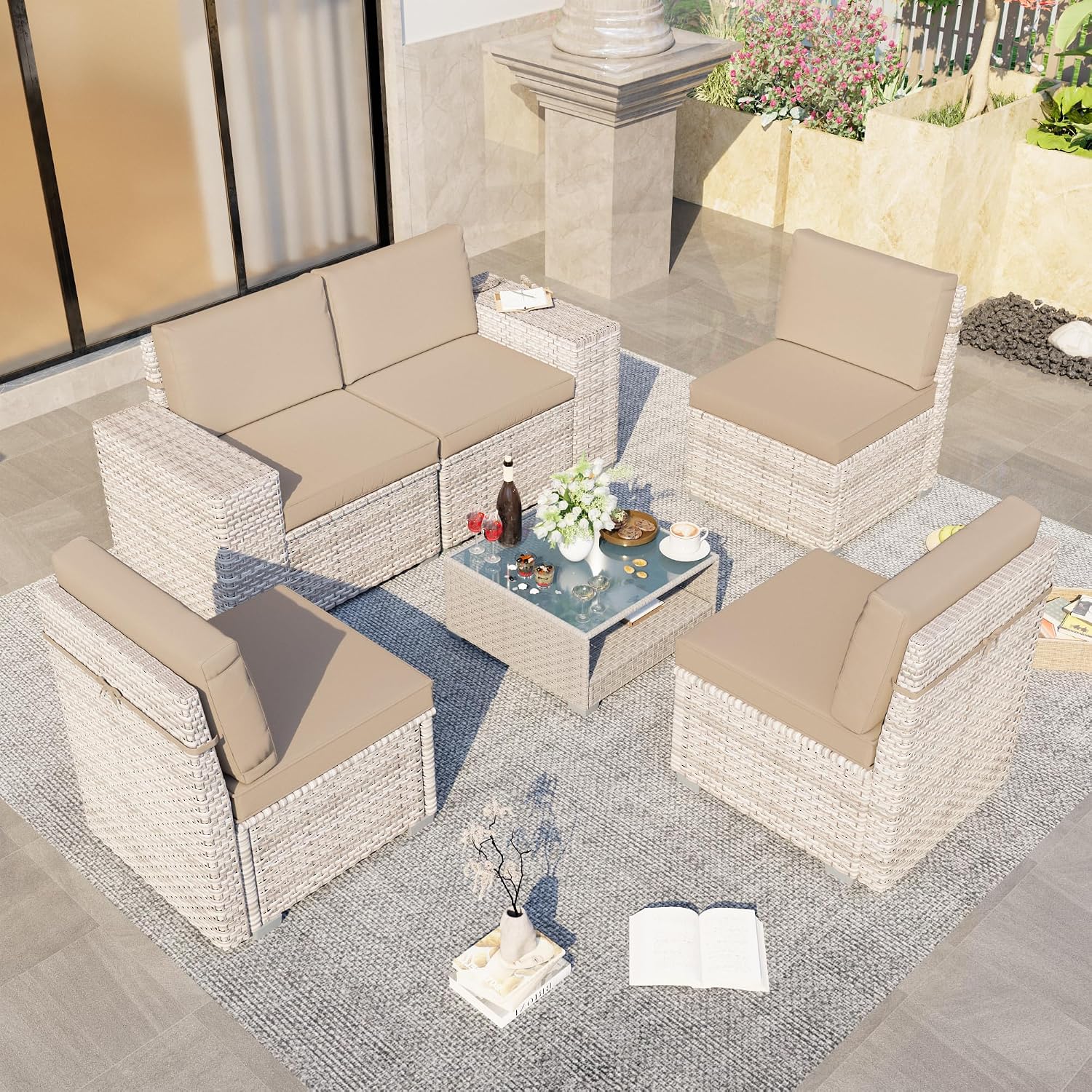 6-Piece Patio Furniture Set, Outdoor Extra Wide Armrest Modular Patio Sofa, Dual-Strand Rattan Wicker, Rust-Resistant Frame, Backyard High Back, Large Seat Furniture for Porch Garden Balcony, Khaki