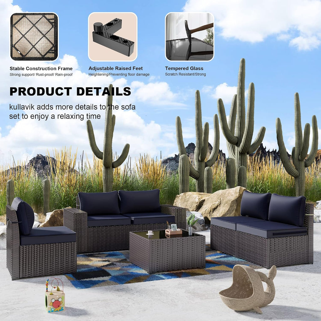 Kullavik Outdoor Patio Furniture Set 6 Pieces Sectional Rattan Sofa Set Brown PE Rattan Wicker Patio Conversation Set with 5 Seat Cushions and 1 Tempered Glass Table,Navy Blue