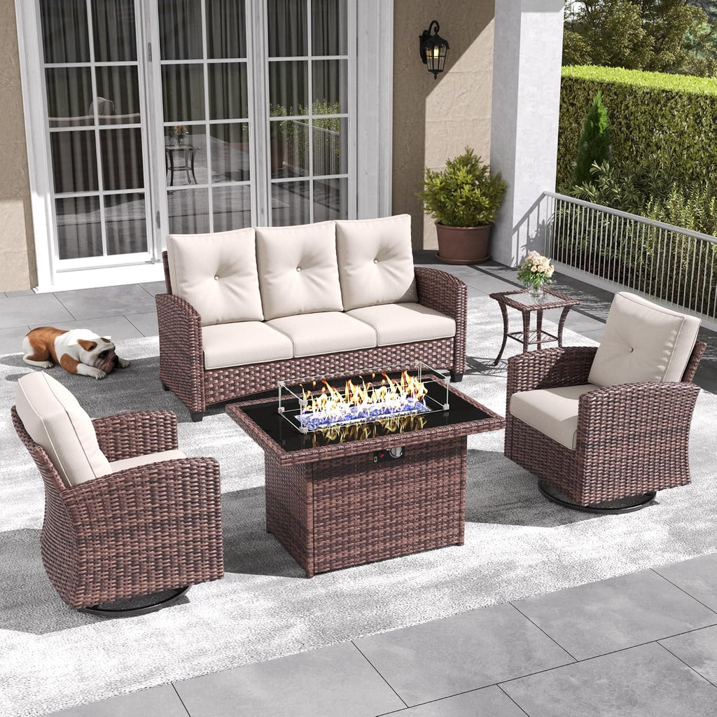 LayinSun 5 Pieces Patio Furniture Set with Swivel Chairs, Rattan Wicker Rocking Glide Chairs with 44' Propane Gas Fire Pit Table Conversation Set