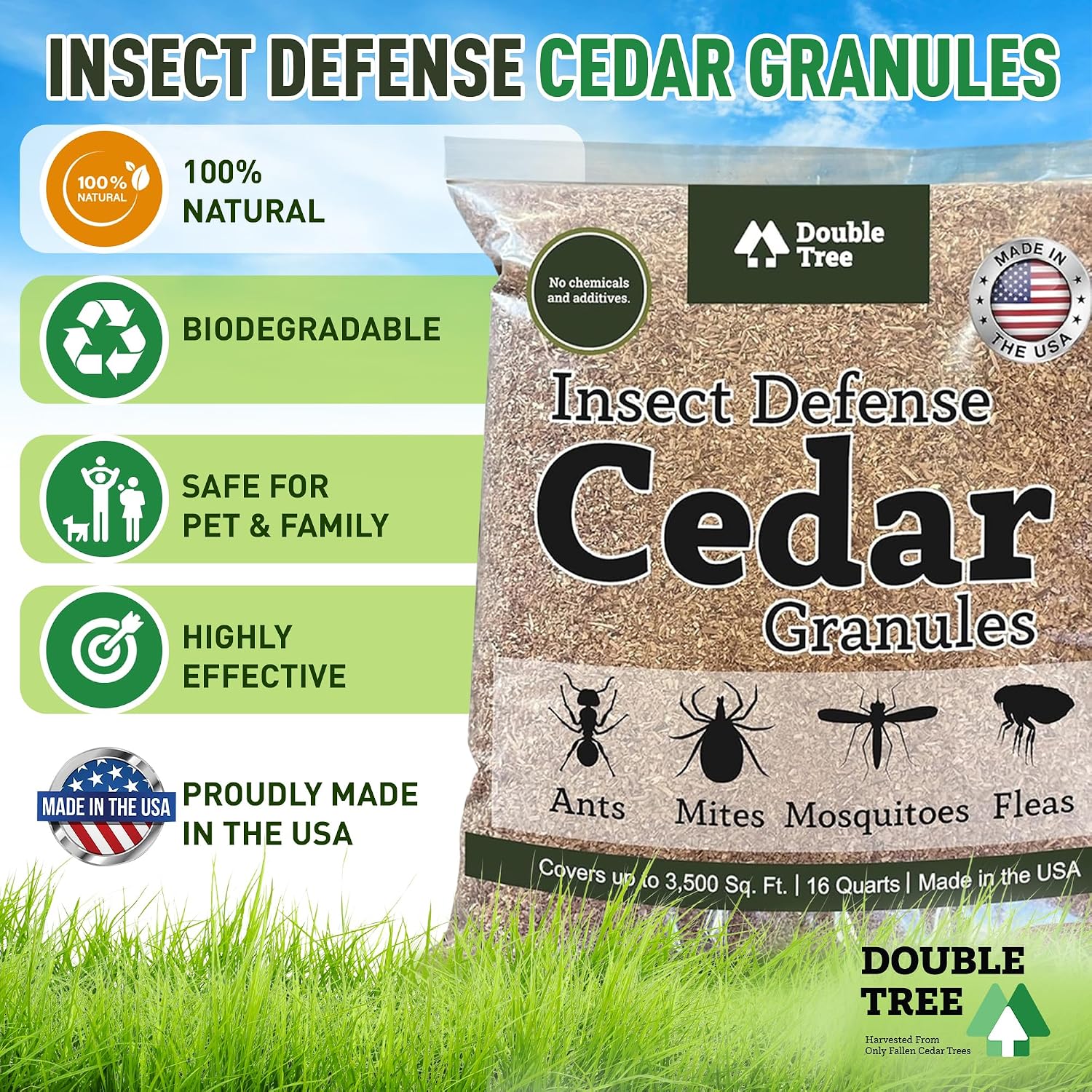 Double Tree Home and Garden Cedar Granules | Repels Fleas, Ticks, Ants, and Mosquitos | Rich Cedar Scent | Non Toxic | Pet Safe | 4 Bags (64 Quarts)