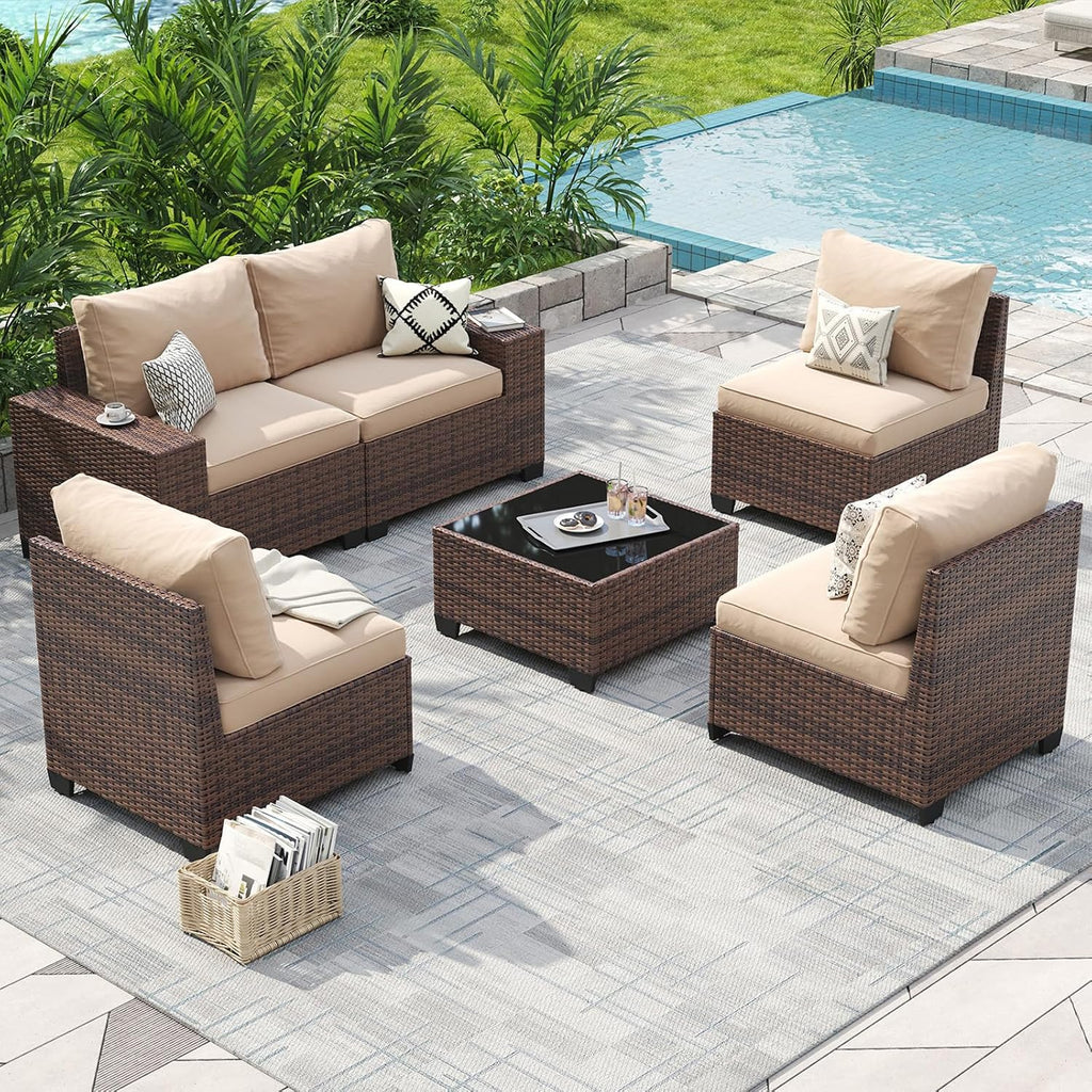 Aoxun Patio Fruniture Sets, Wicker Outdoor Patio Furniture Set with 4 in Thick Cushions and Widen Armrests, All-Weather Outdoor Sectional for Backyard, Garden and Poolside, Beige