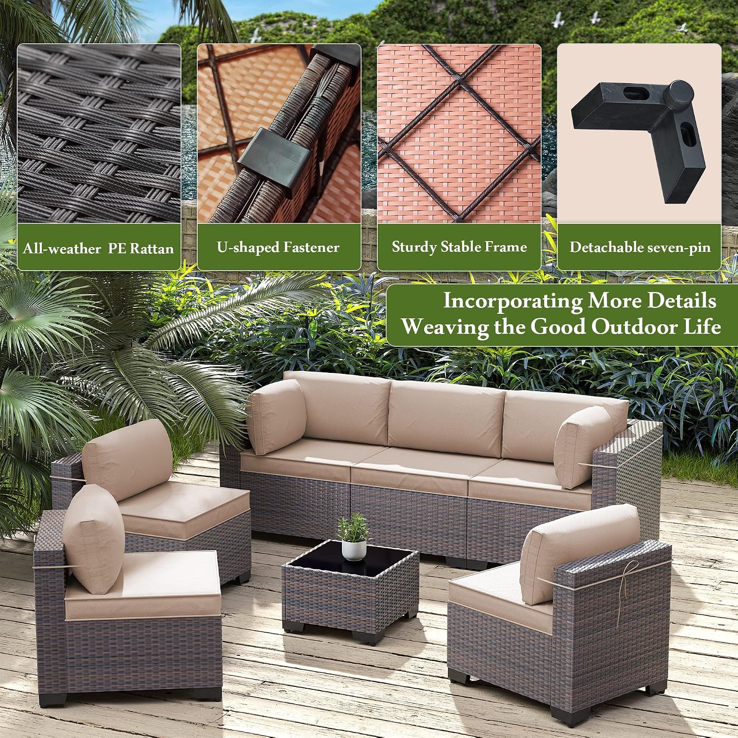 7 Pieces Outdoor Patio Furniture Set,Outdoor Sectional Furniture All Weather PE Rattan Wicker Patio Conversation Set with Coffee Table and 6 Thickened Cushions,Sand